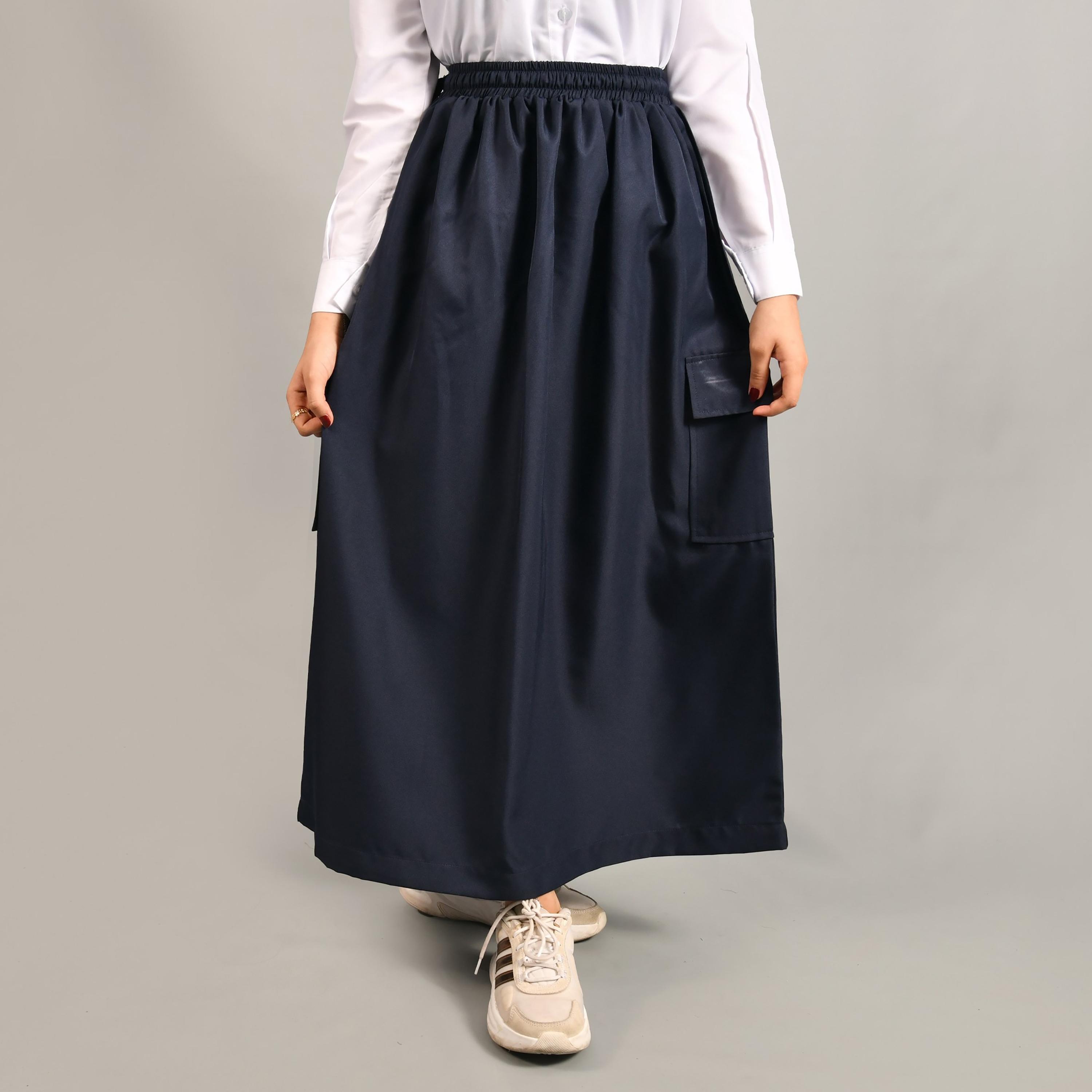 Hawraa Blue Plain Linen Girls Full Length Skirt-girls-clothing-schoolwear-bottoms-skirt-image-1