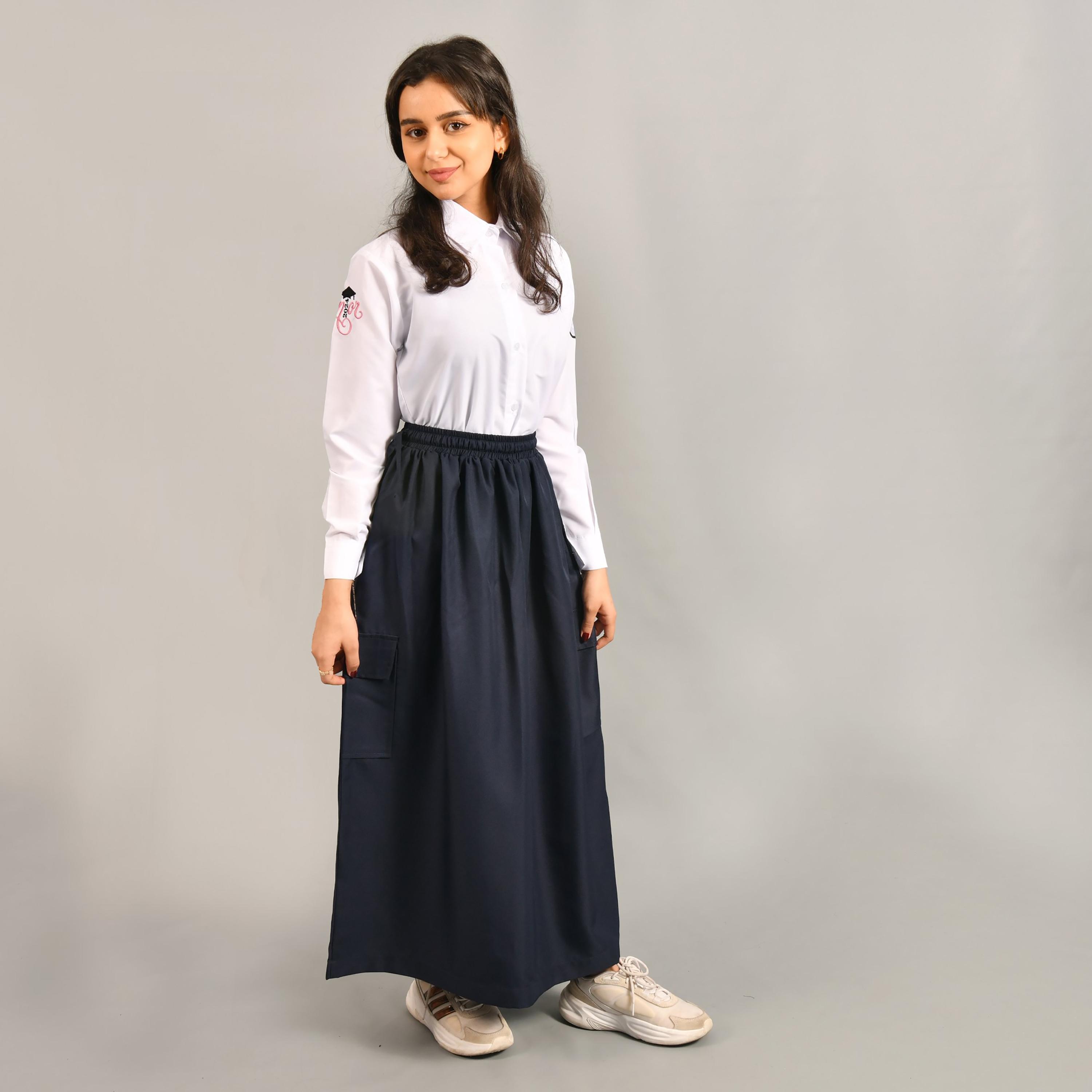Hawraa Blue Plain Linen Girls Full Length Skirt-girls-clothing-schoolwear-bottoms-skirt-image-3