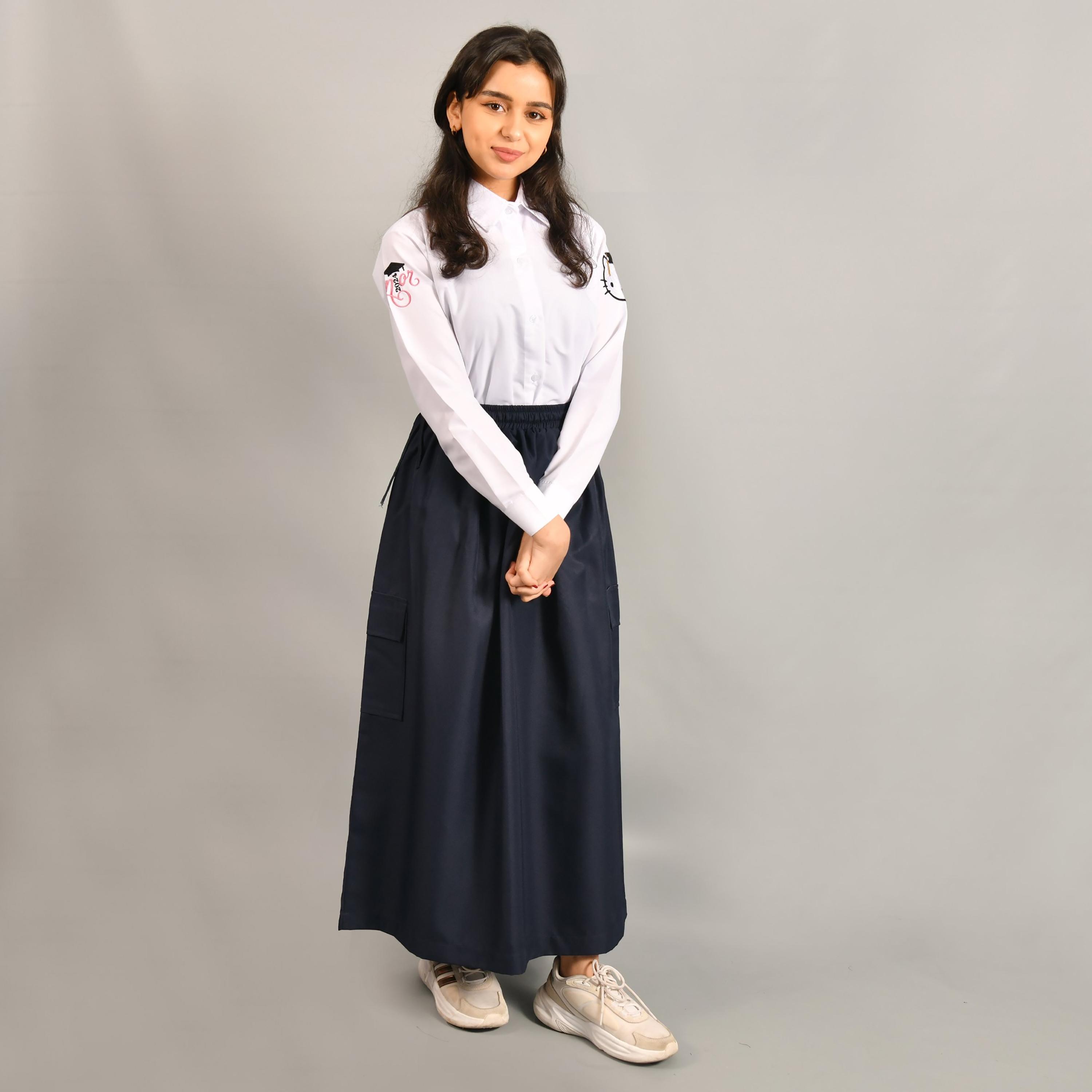 Hawraa Blue Plain Linen Girls Full Length Skirt-girls-clothing-schoolwear-bottoms-skirt-image-4
