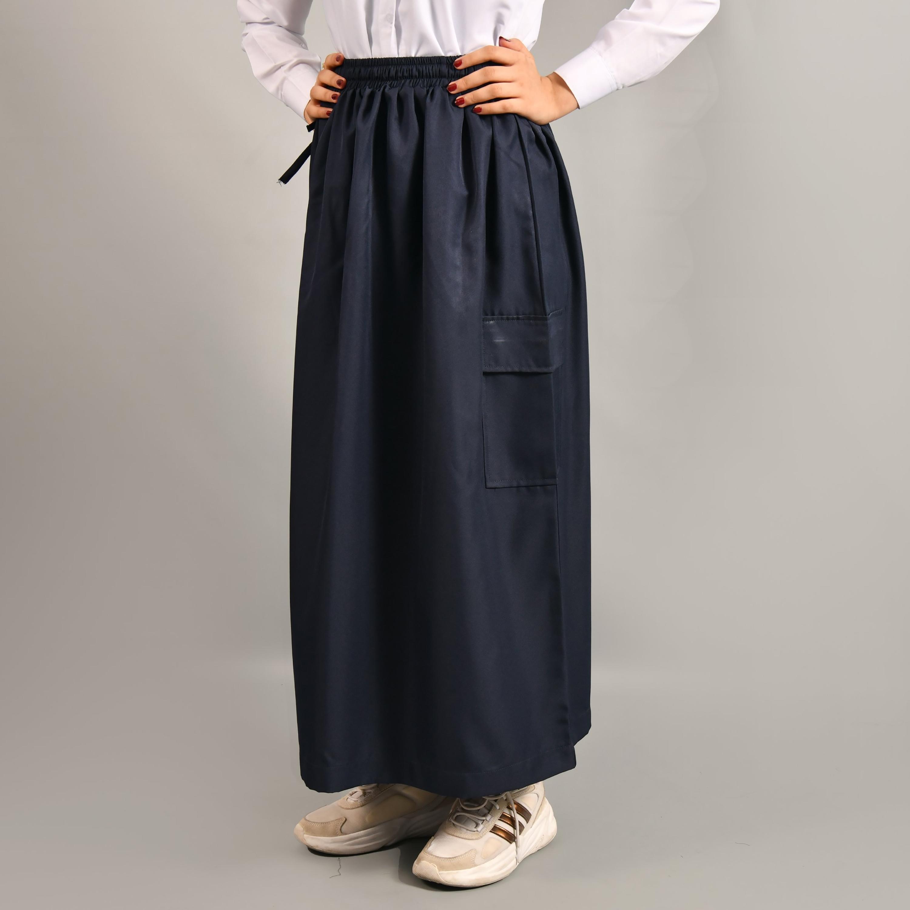 Hawraa Blue Plain Linen Girls Full Length Skirt-girls-clothing-schoolwear-bottoms-skirt-image-5