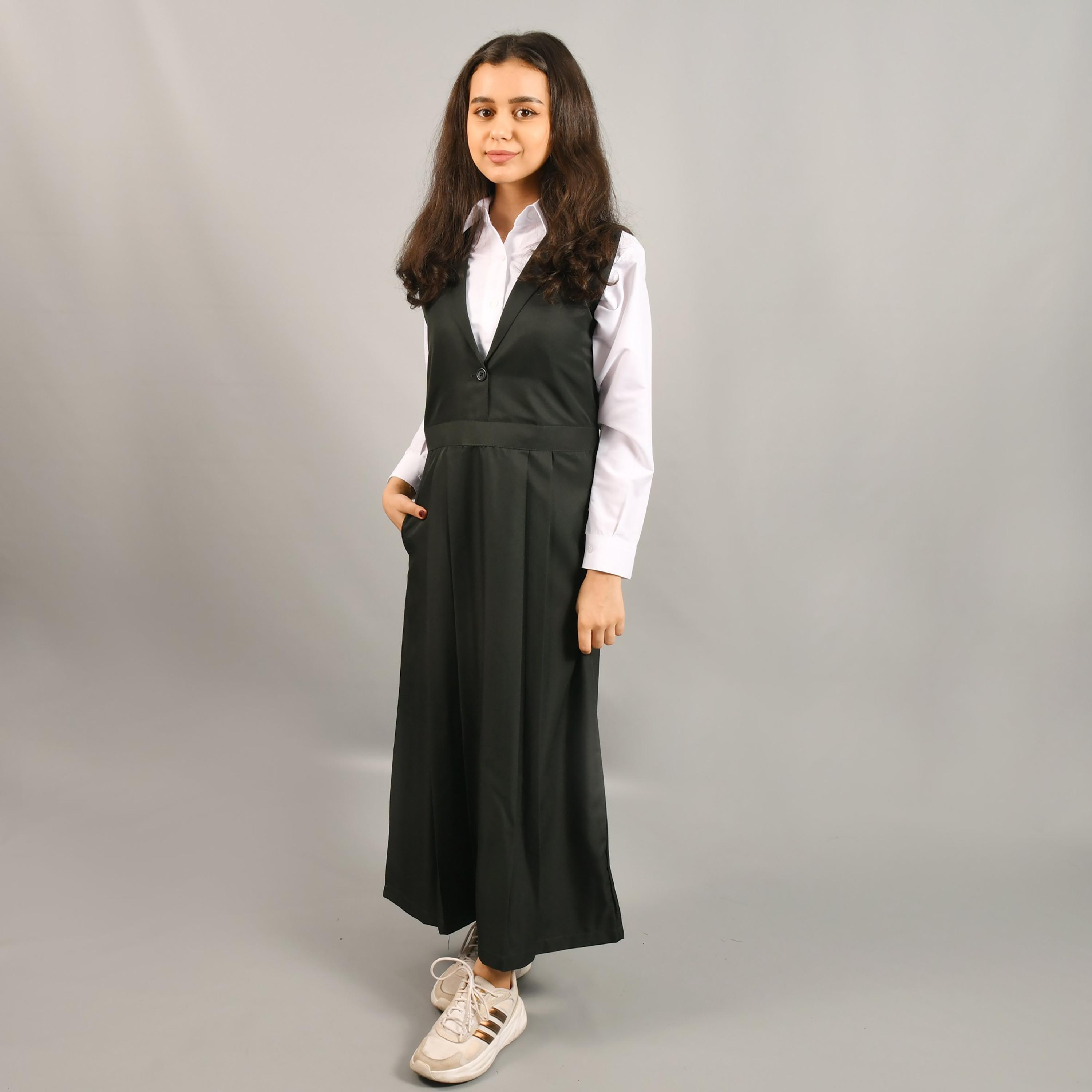 Hawraa Green Linen Shawl Collar Sleeveless Girls Pinafore Dress-girls-clothing-dressesandjumpsuits-image-1
