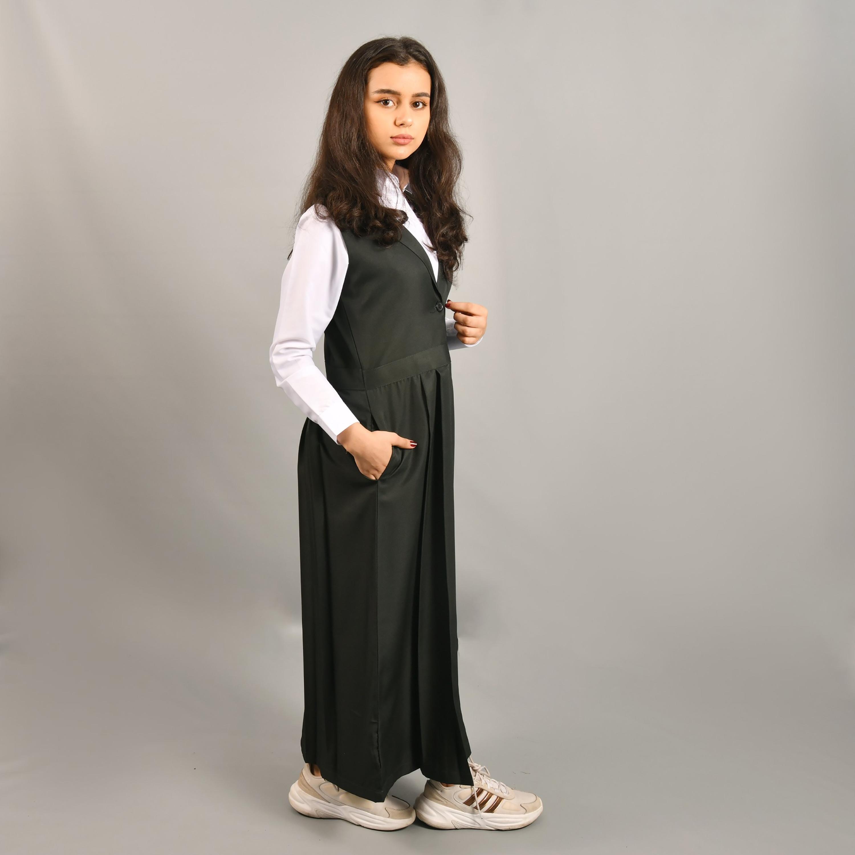 Hawraa Green Linen Shawl Collar Sleeveless Girls Pinafore Dress-girls-clothing-dressesandjumpsuits-image-3