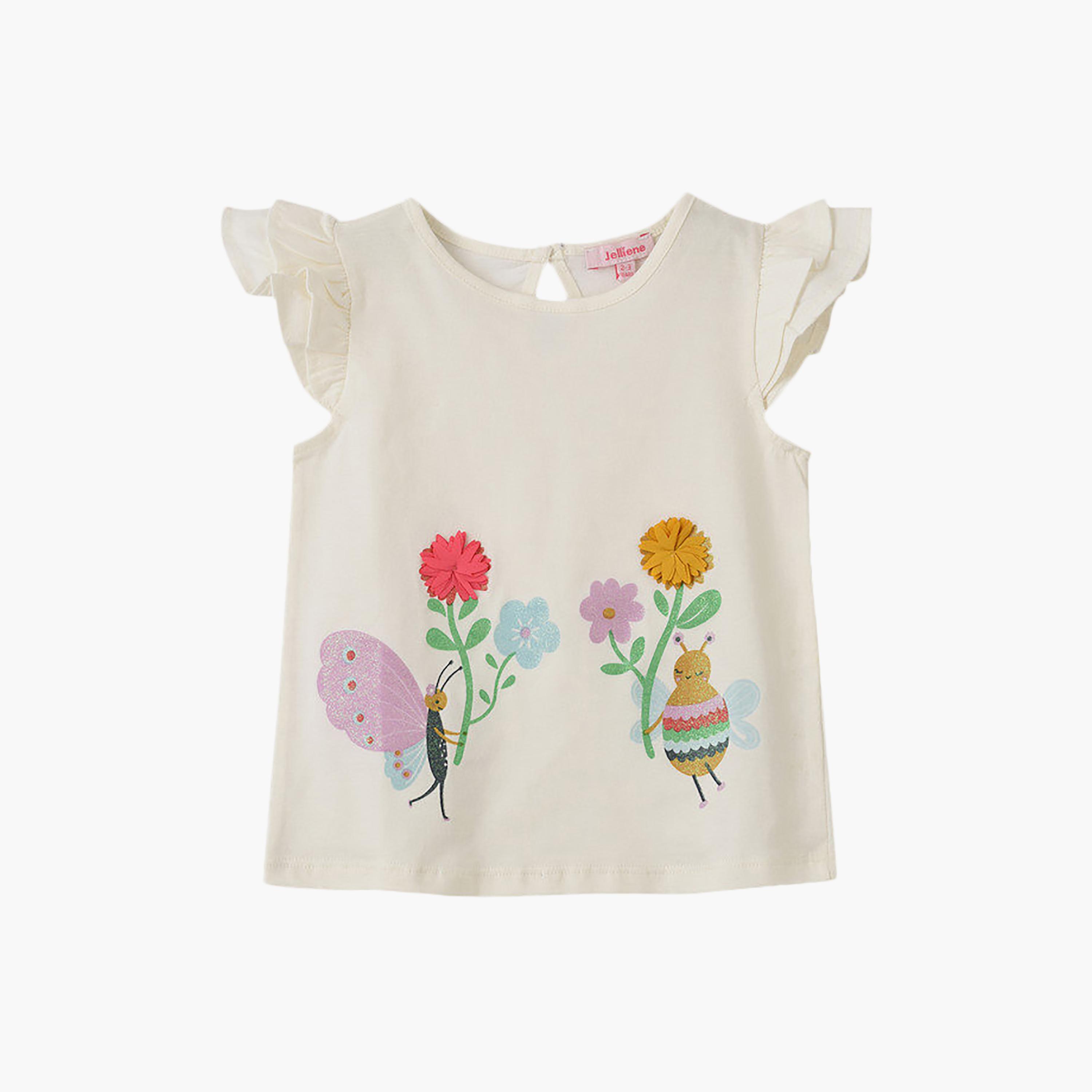 UniqKidz Cotton Ruffle Sleeves Flowers Embroidered T-Shirt-girls-clothing-tshirts-image-1