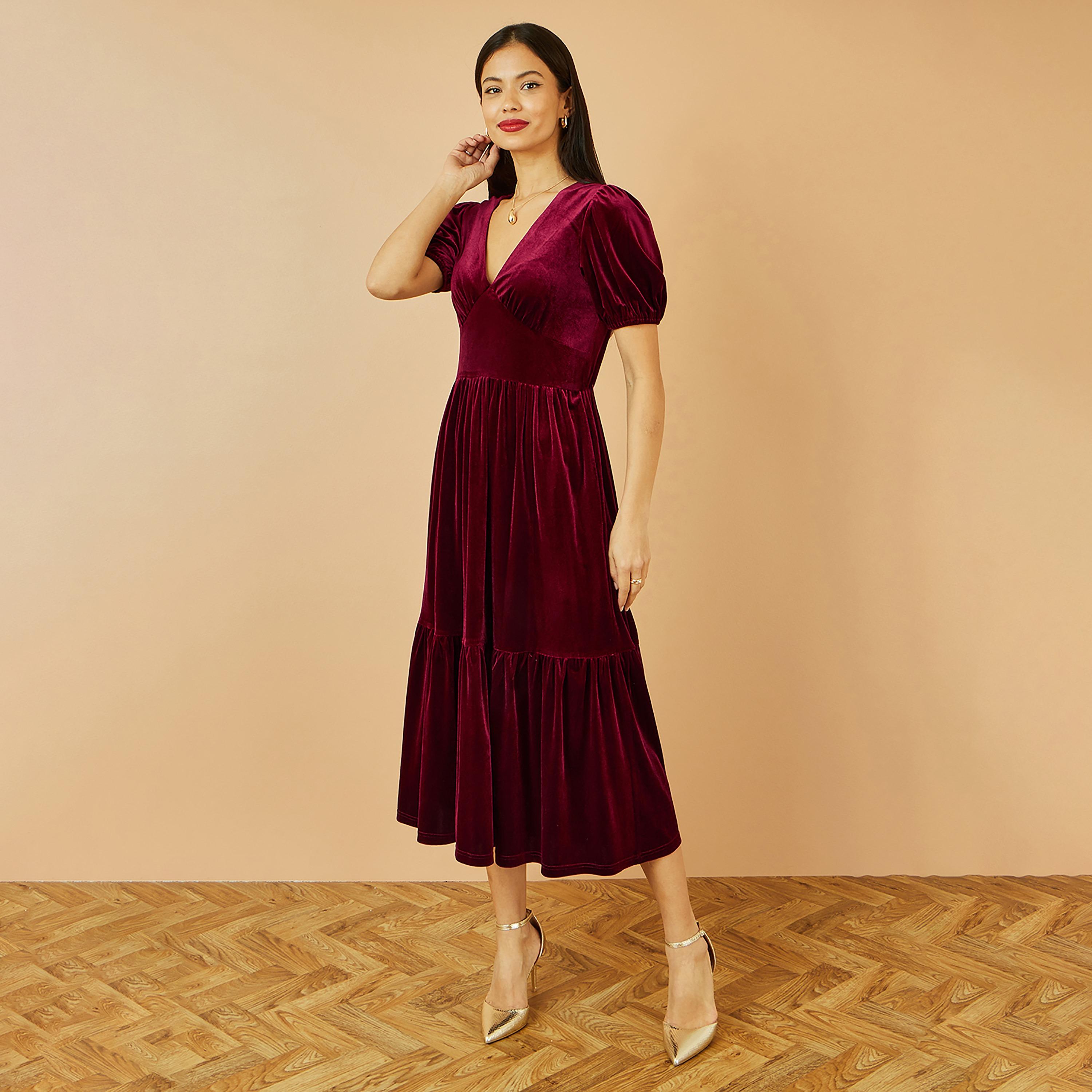 فستان ميدي سهرة مخمل "تيرد" متعدد الطبقات بأكمام "باف" منفوخة بلون برغندي من يومي-women-clothing-dresses-image-1