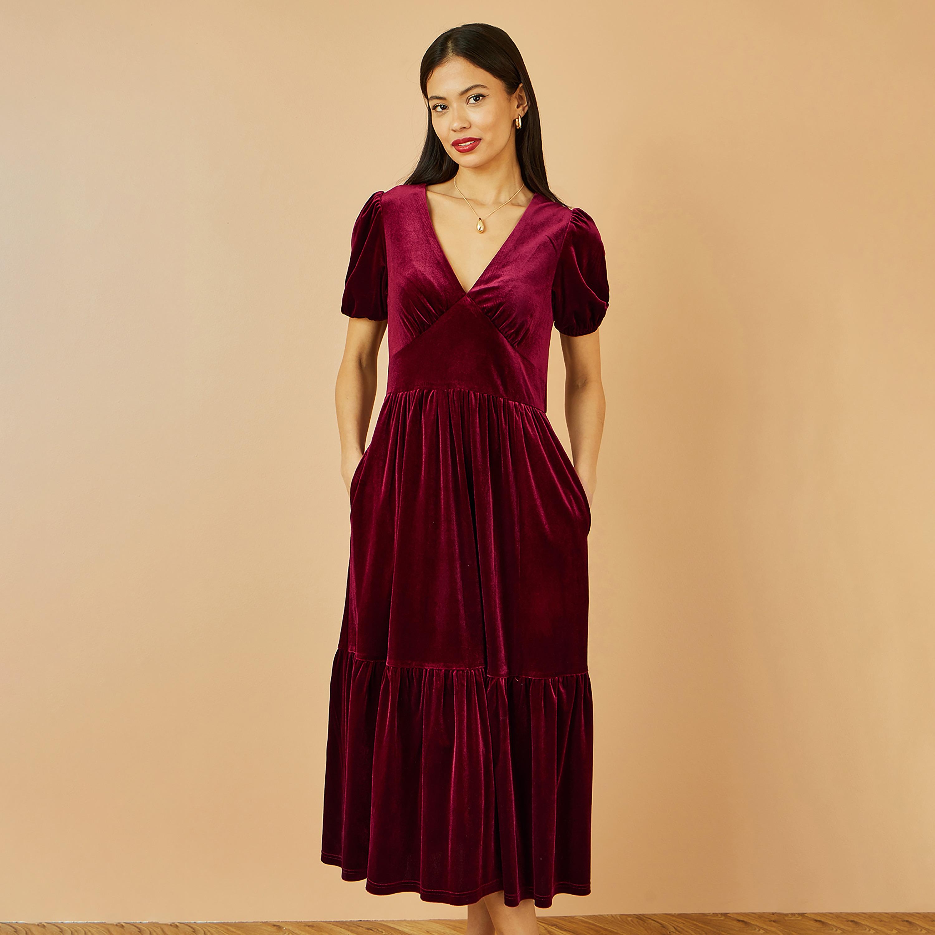 فستان ميدي سهرة مخمل "تيرد" متعدد الطبقات بأكمام "باف" منفوخة بلون برغندي من يومي-women-clothing-dresses-image-2