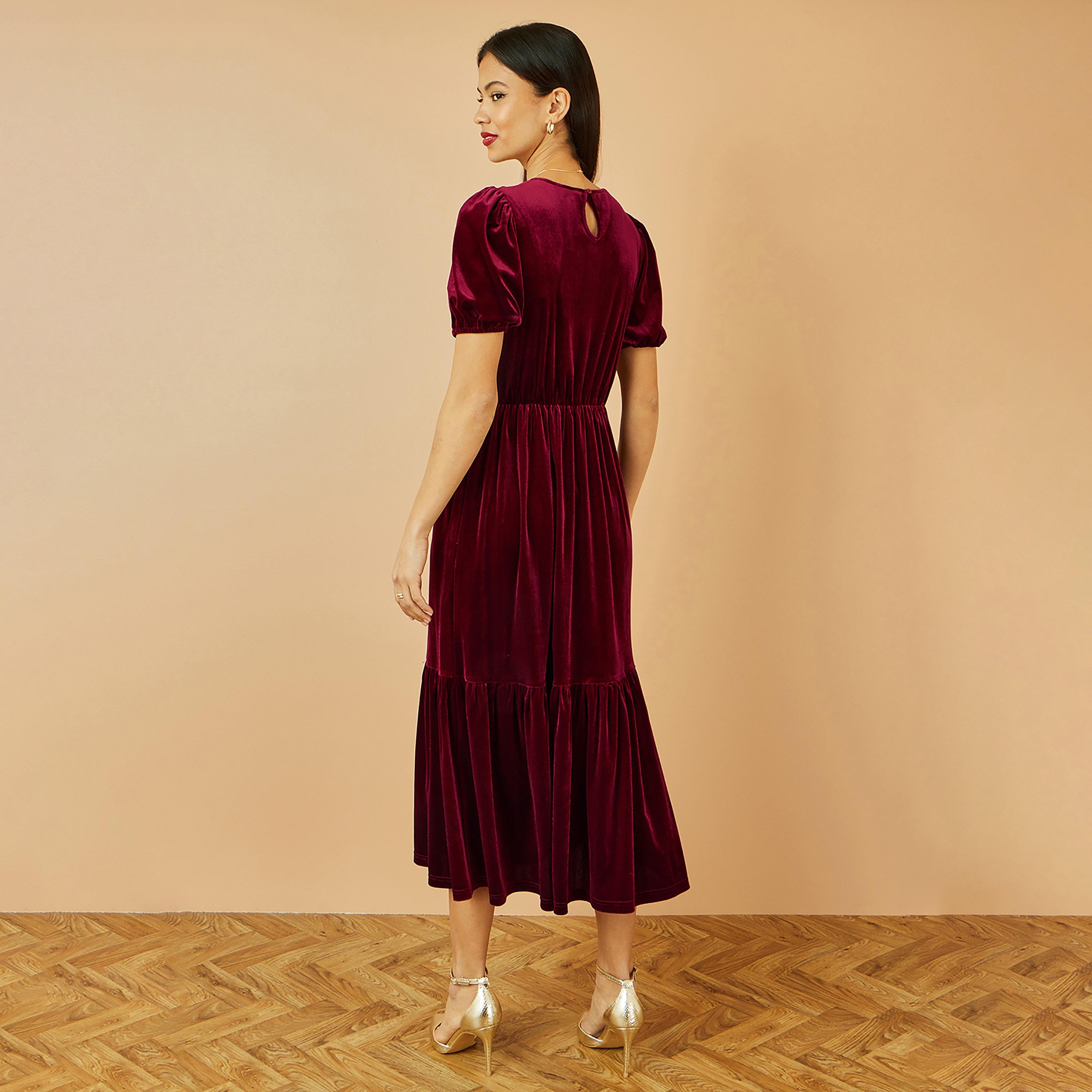 فستان ميدي سهرة مخمل "تيرد" متعدد الطبقات بأكمام "باف" منفوخة بلون برغندي من يومي-women-clothing-dresses-image-3