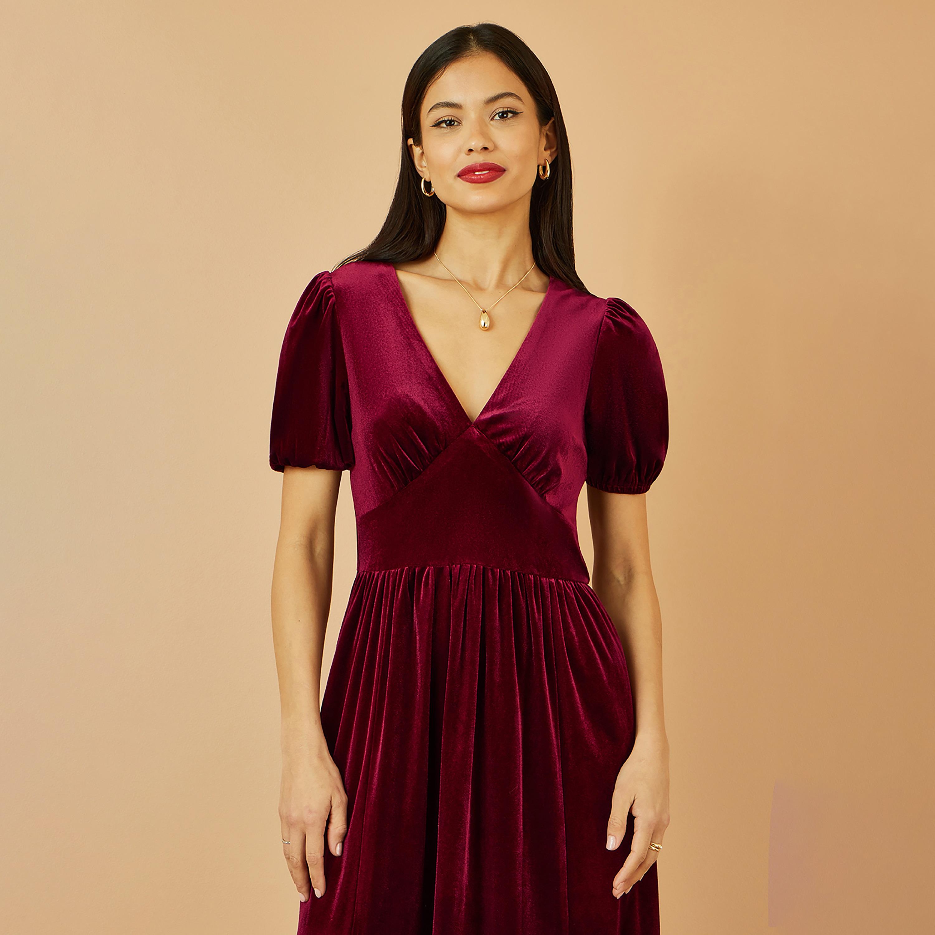 فستان ميدي سهرة مخمل "تيرد" متعدد الطبقات بأكمام "باف" منفوخة بلون برغندي من يومي-women-clothing-dresses-image-4
