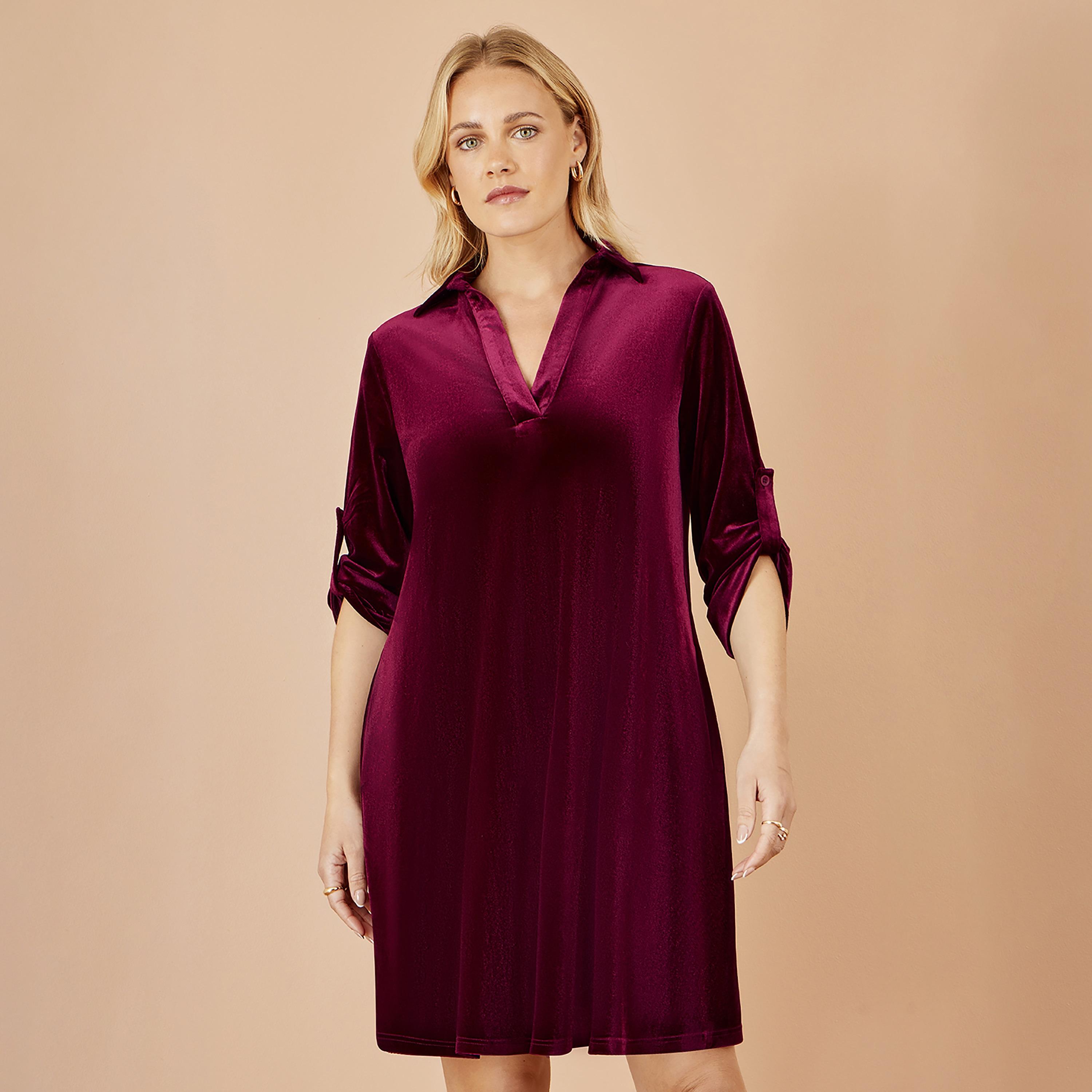 Yumi Burgundy Velvet Jonny Collar Roll-Up Sleeves Shift Women's Evening Knee-Length Dress-women-clothing-dresses-image-2