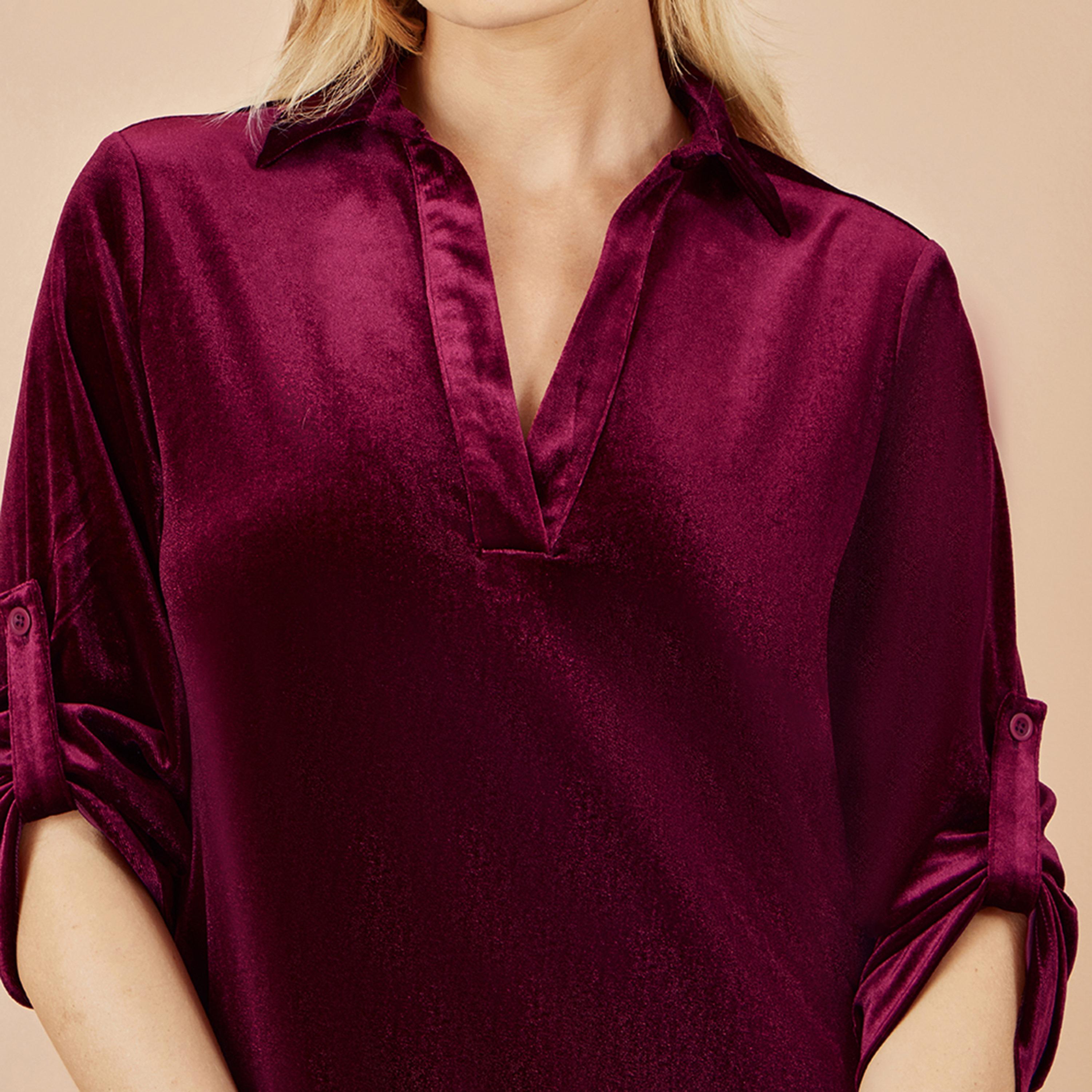 Yumi Burgundy Velvet Jonny Collar Roll-Up Sleeves Shift Women's Evening Knee-Length Dress-women-clothing-dresses-image-3