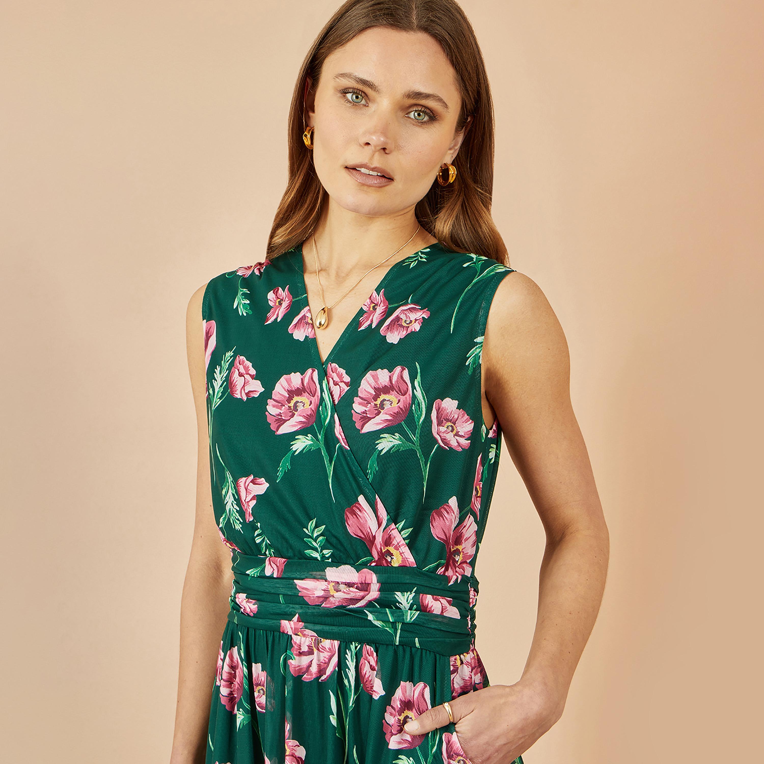 فستان ميدي "ميش" شبكي بتصميم "لف" وفتحة رقبة "سوربليس" وطبعة زهور لون أخضر من يومي-women-clothing-dresses-image-4