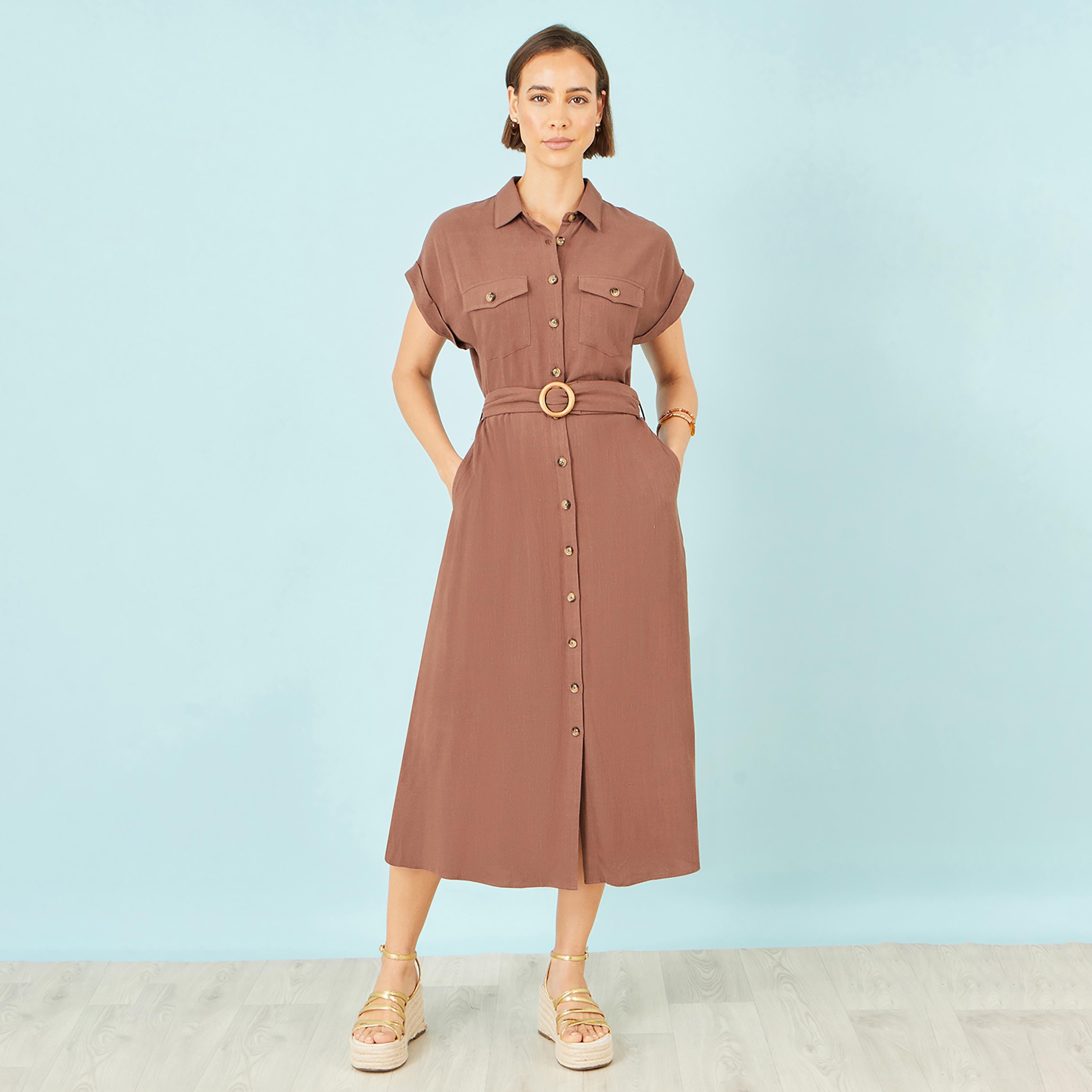 فستان قميص ميدي من الكتان بياقة "سبريد" عريضة من يومي-women-clothing-dresses-image-1