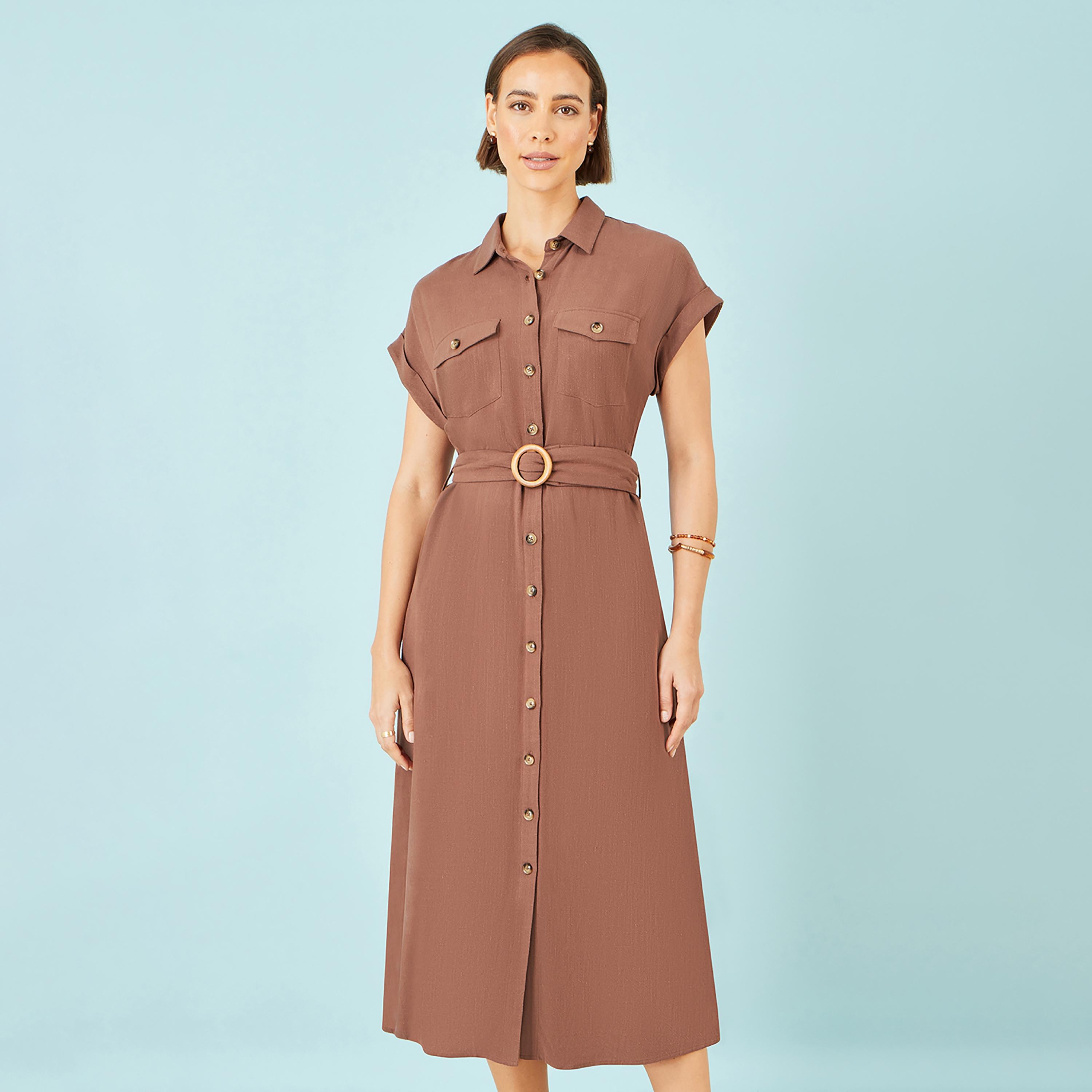 Yumi Linen Spread Collar Women's Midi Shirt Dress-women-clothing-dresses-image-2