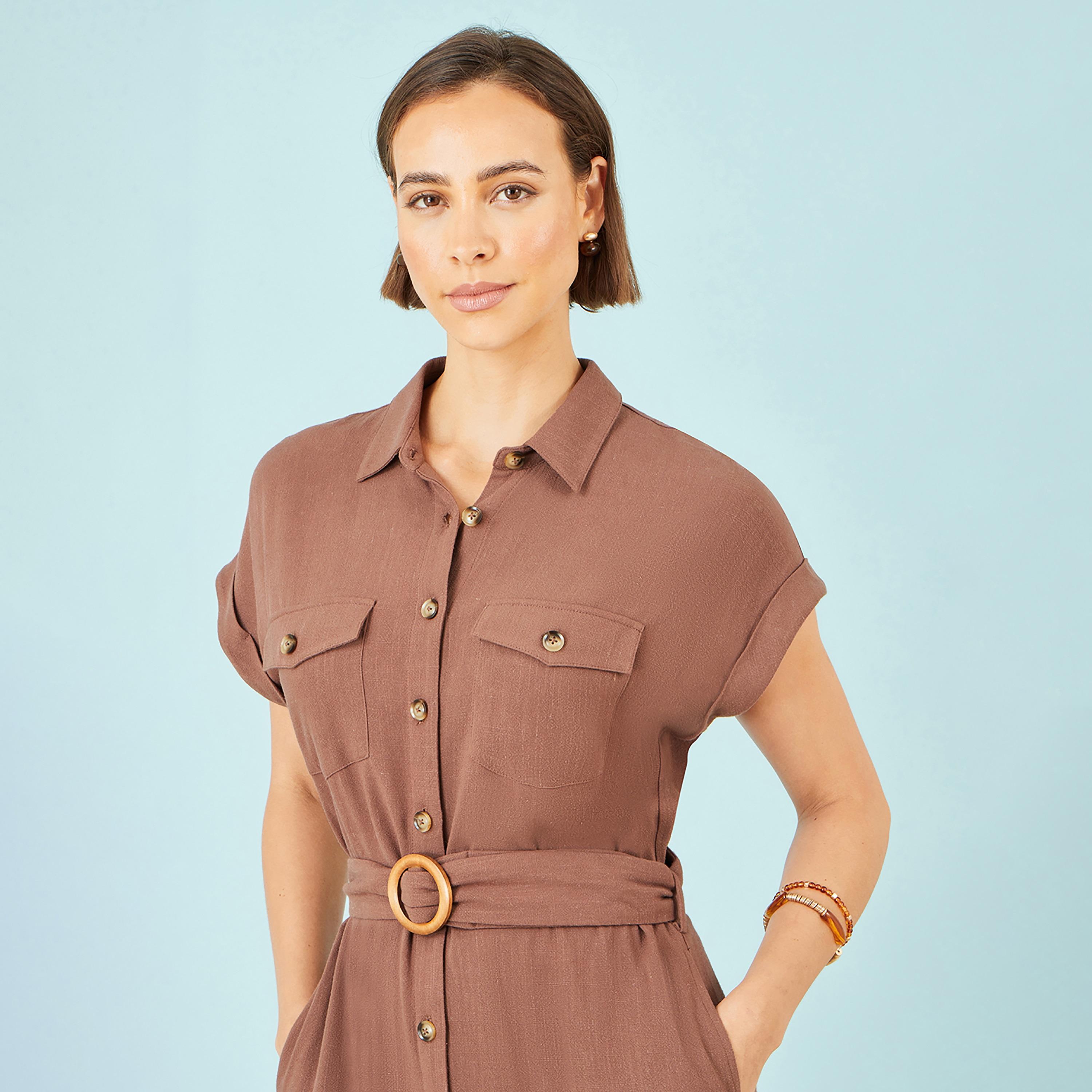فستان قميص ميدي من الكتان بياقة "سبريد" عريضة من يومي-women-clothing-dresses-image-4