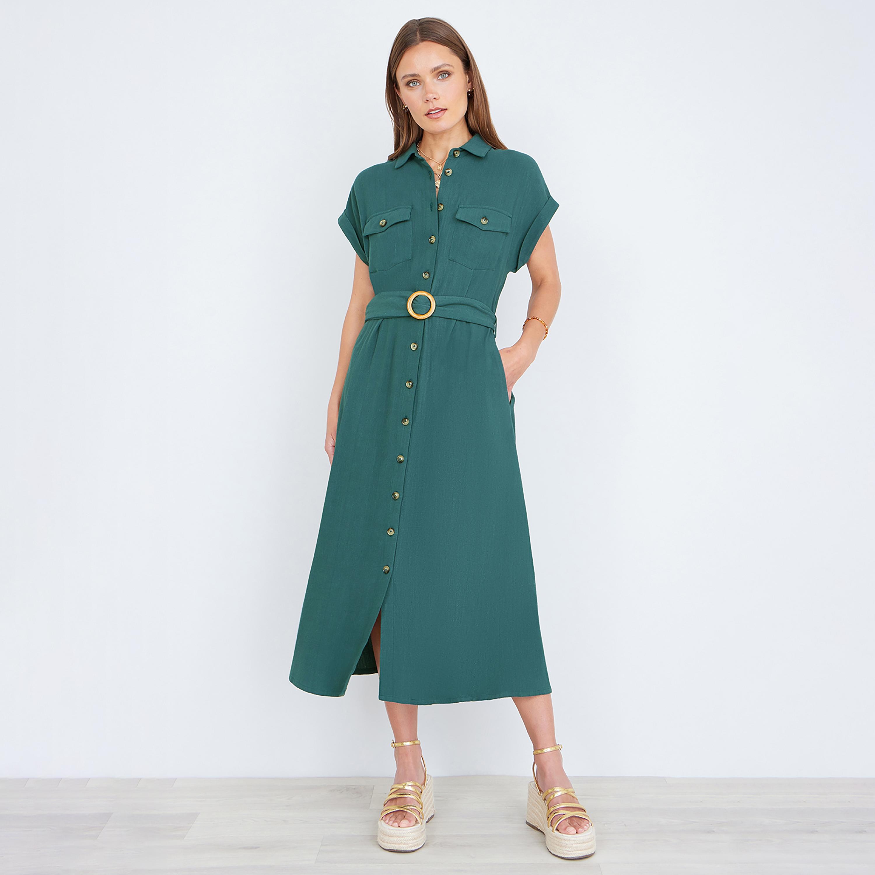 فستان قميص ميدي من الكتان بياقة "سبريد" عريضة من يومي-women-clothing-dresses-image-5