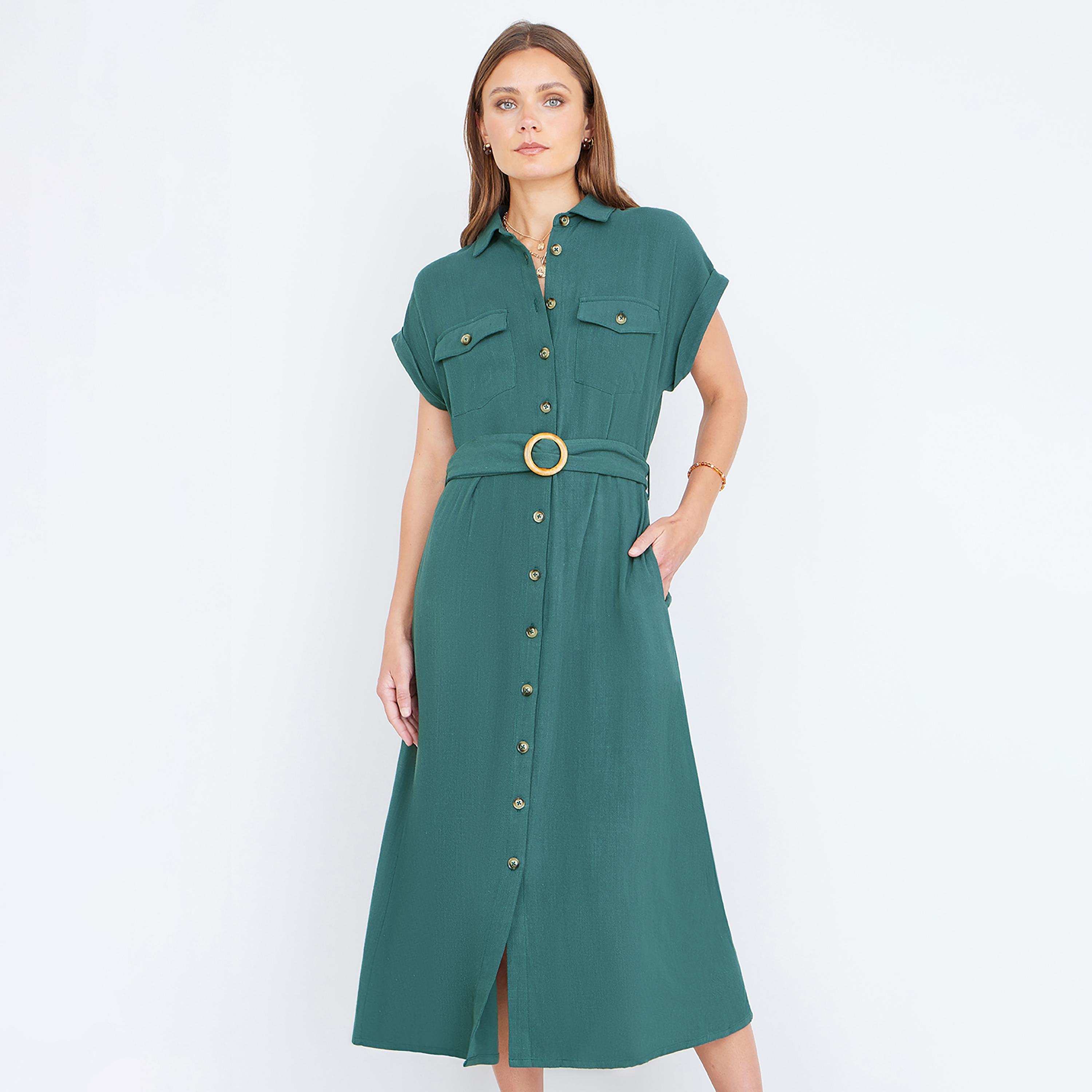 فستان قميص ميدي من الكتان بياقة "سبريد" عريضة من يومي-women-clothing-dresses-image-6