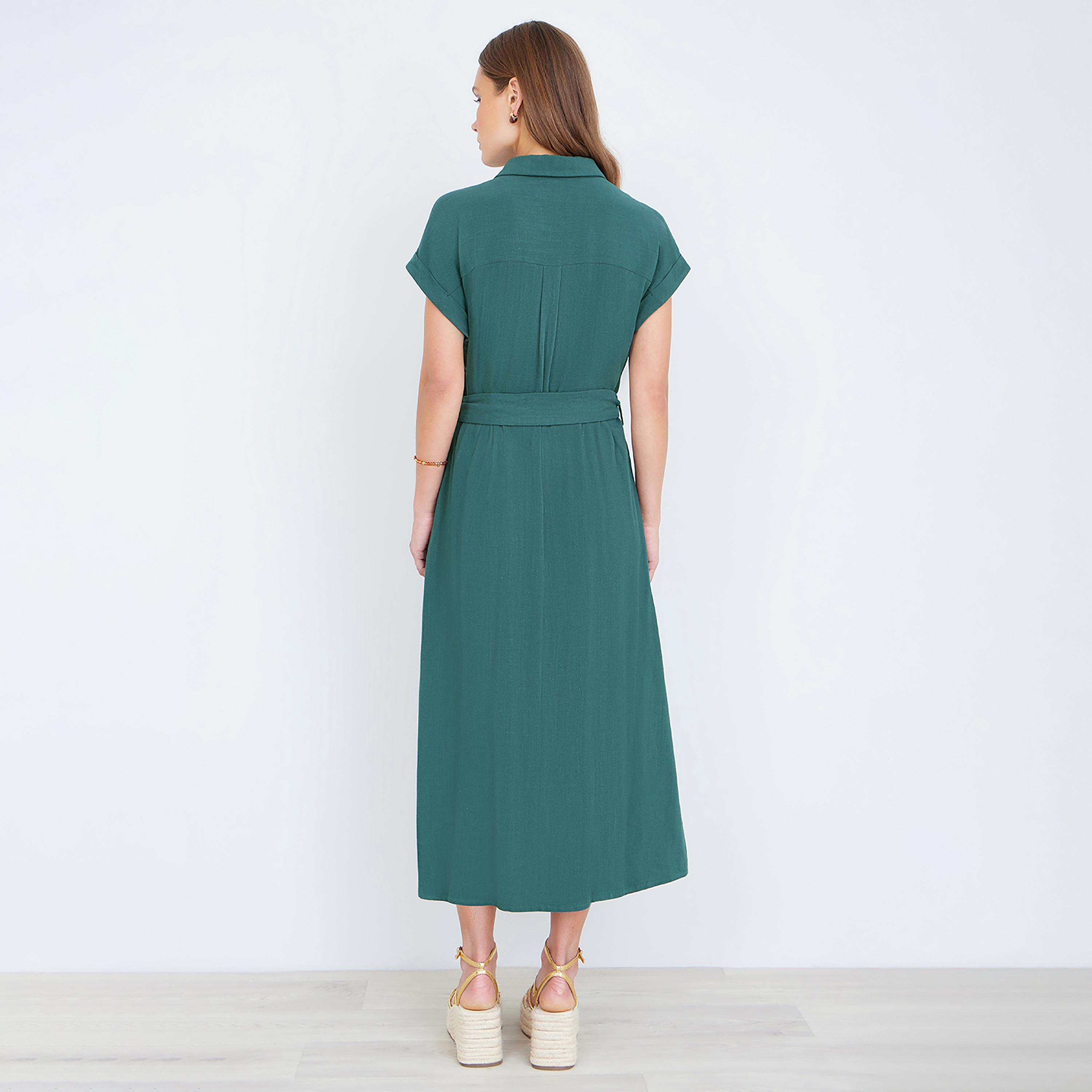 فستان قميص ميدي من الكتان بياقة "سبريد" عريضة من يومي-women-clothing-dresses-image-7