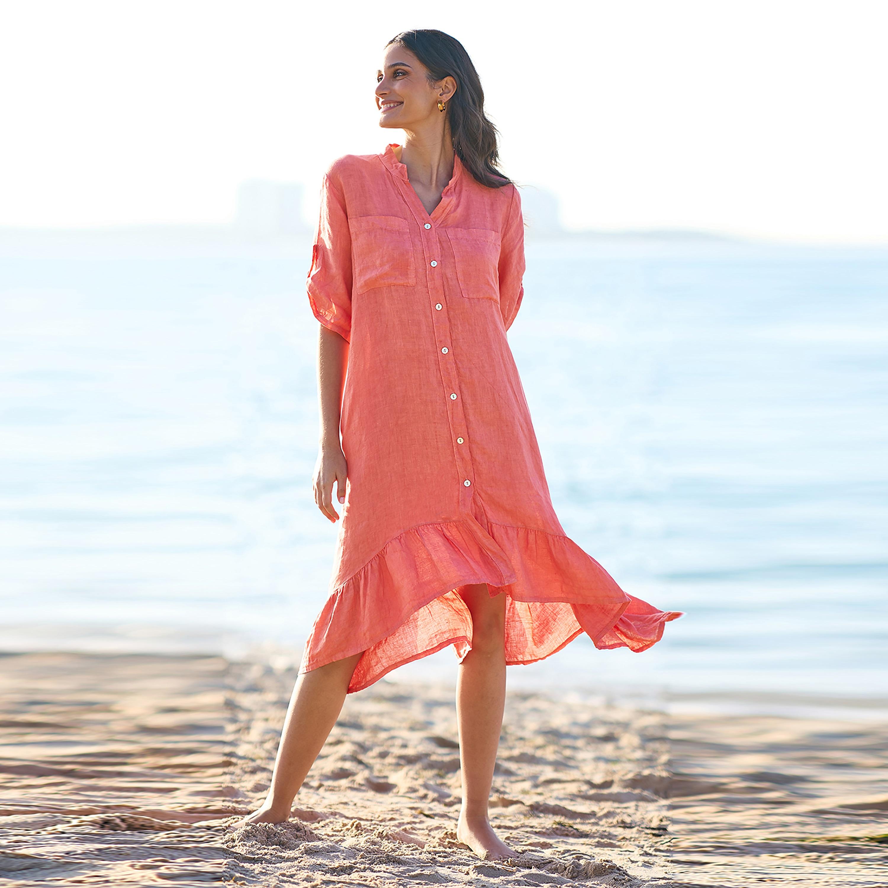 Yumi Coral Linen Mandarin Collar Roll-Up Sleeves Drop Waist Women's Midi Shirt Dress-women-clothing-dresses-image-1
