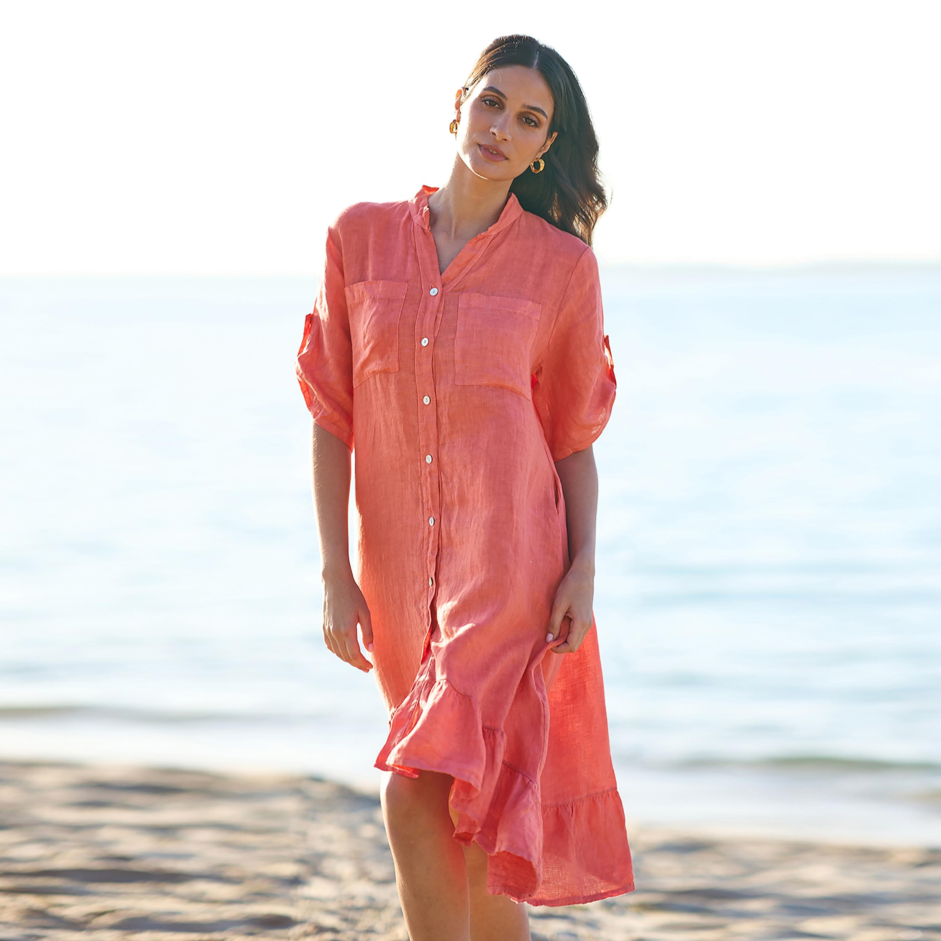 Yumi Coral Linen Mandarin Collar Roll-Up Sleeves Drop Waist Women's Midi Shirt Dress-women-clothing-dresses-image-2