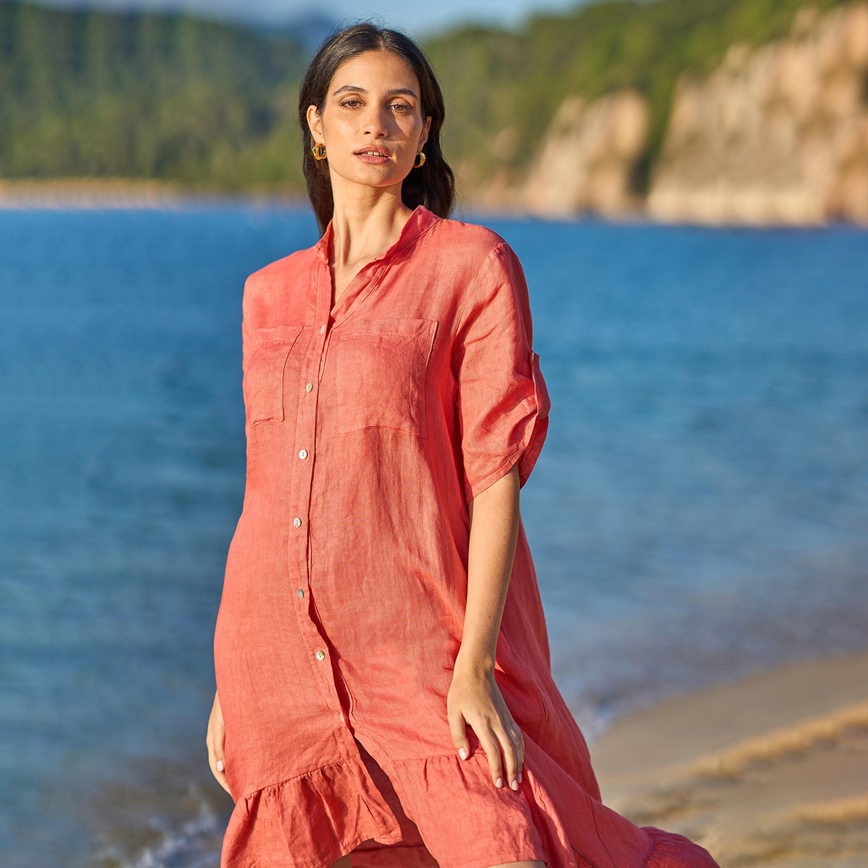 Yumi Coral Linen Mandarin Collar Roll-Up Sleeves Drop Waist Women's Midi Shirt Dress-women-clothing-dresses-image-3