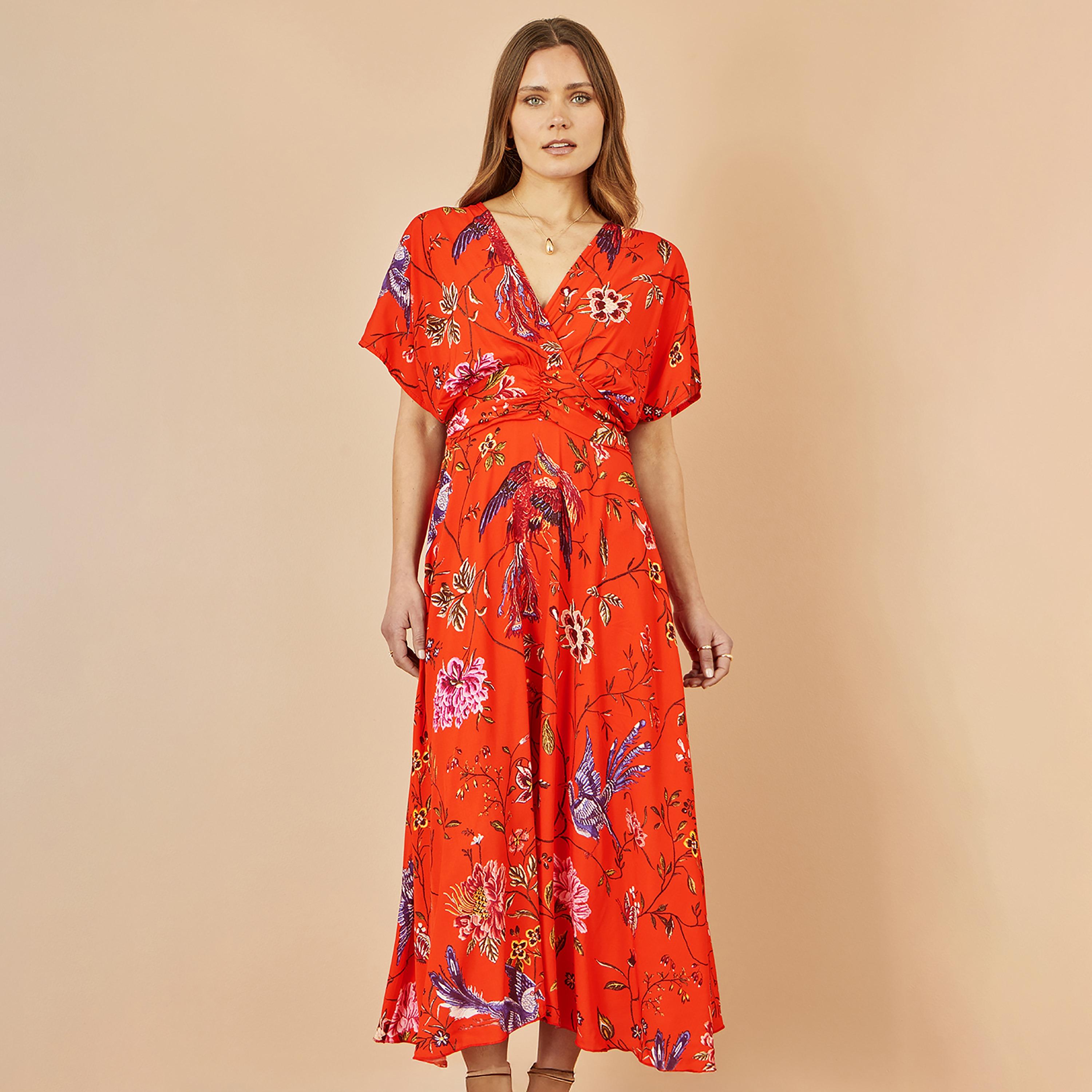 Yumi Orange Floral Print Surplice Neck Flutter Sleeves Wrap Women's Midi Dress-women-clothing-dresses-image-2