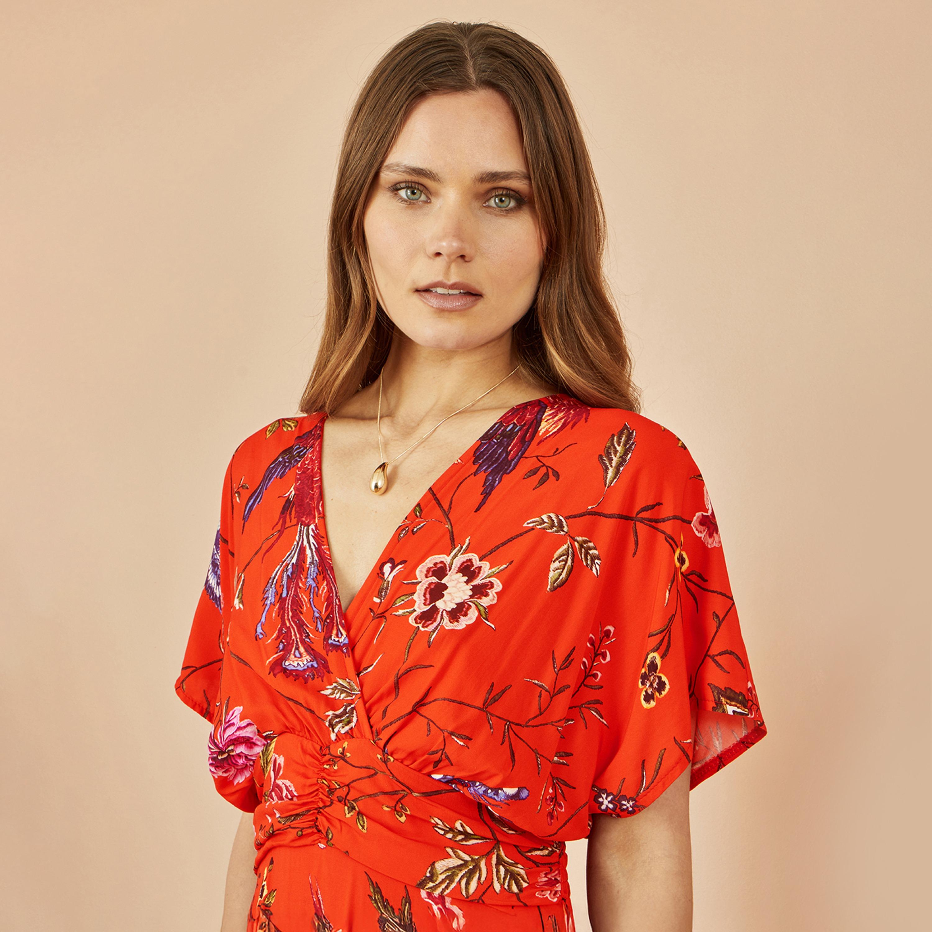 Yumi Orange Floral Print Surplice Neck Flutter Sleeves Wrap Women's Midi Dress-women-clothing-dresses-image-4