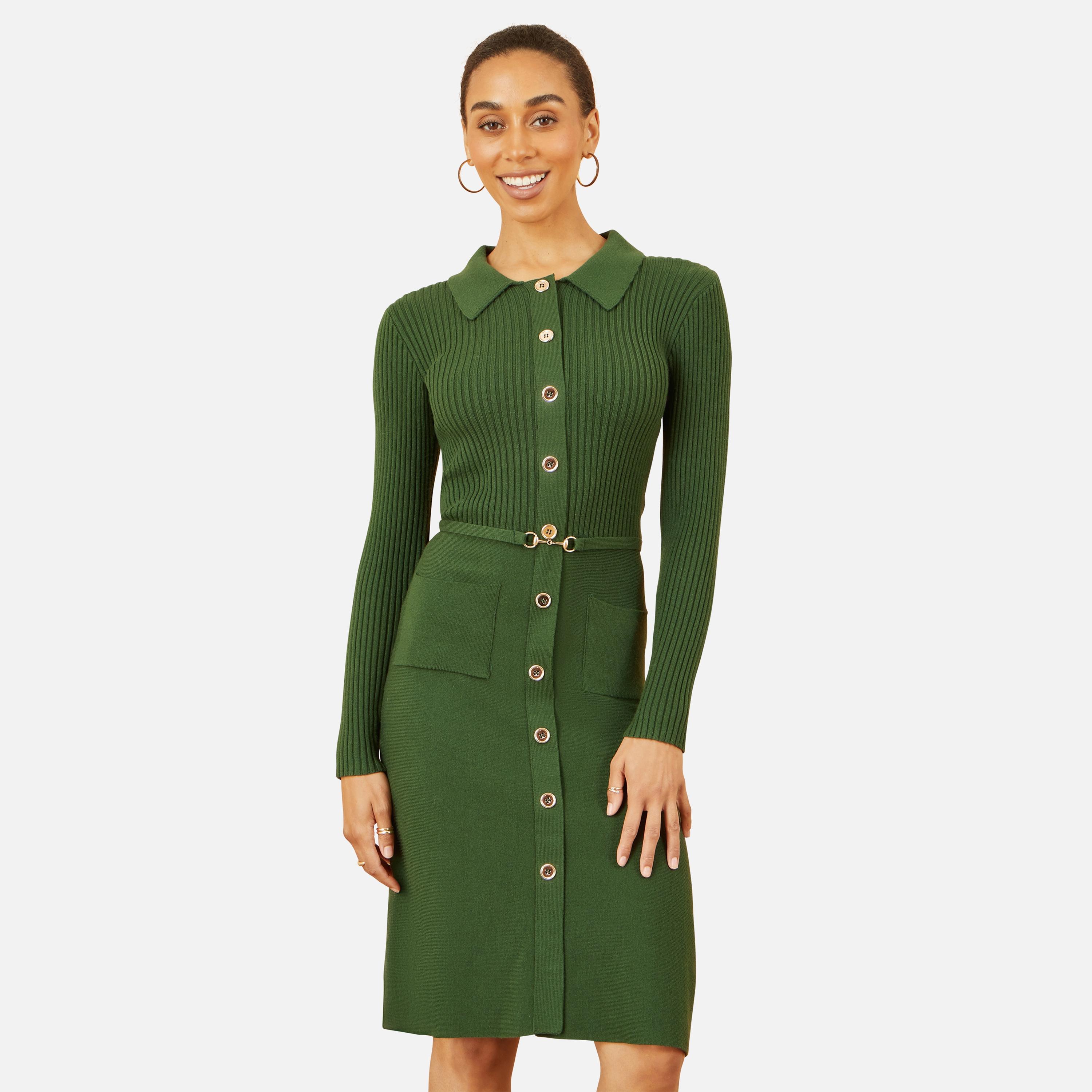 Yumi Green Ribbed Knit Collared Shirt Style Jumper Women's Knee-Length Dress-women-clothing-dresses-image-2