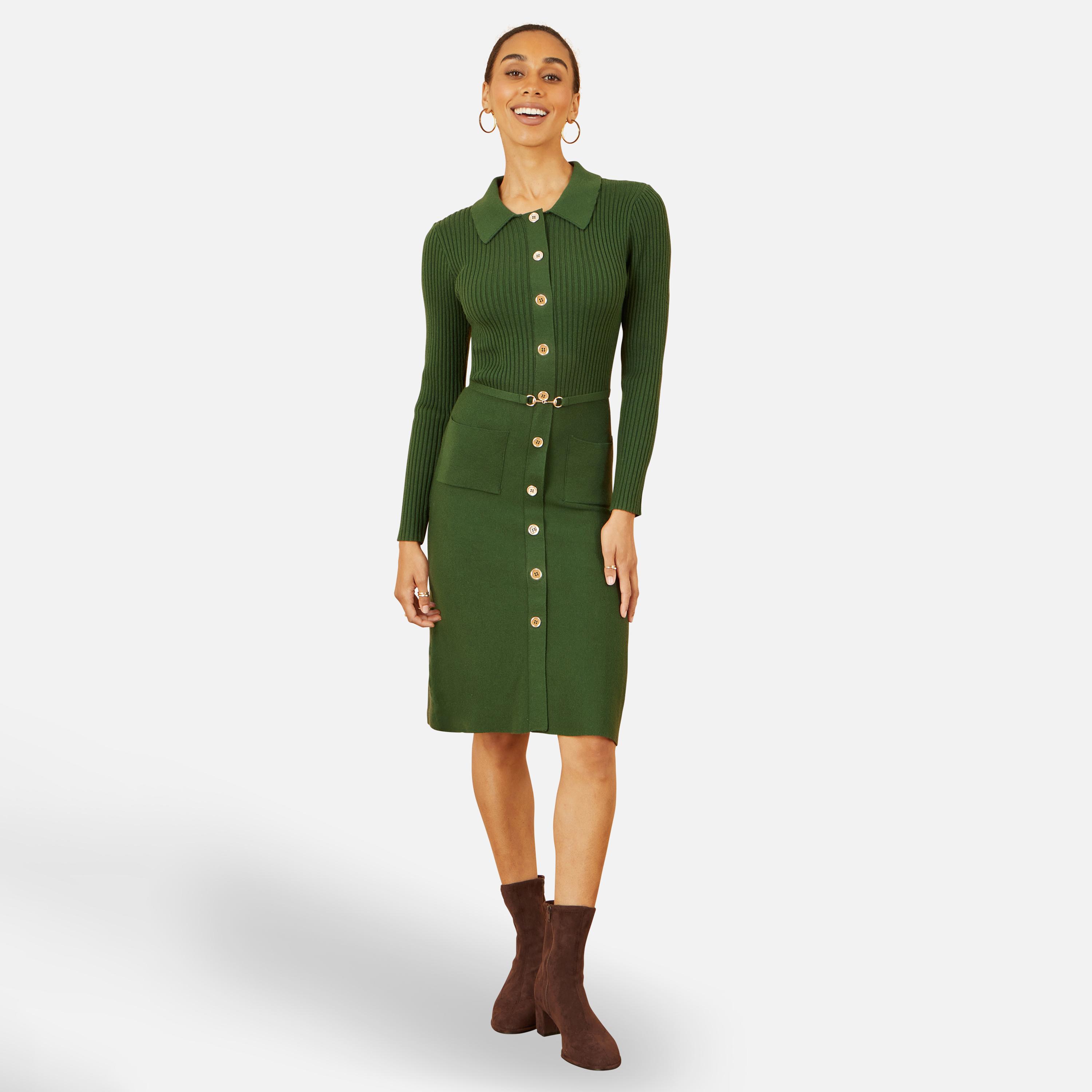Yumi Green Ribbed Knit Collared Shirt Style Jumper Women's Knee-Length Dress-women-clothing-dresses-image-3