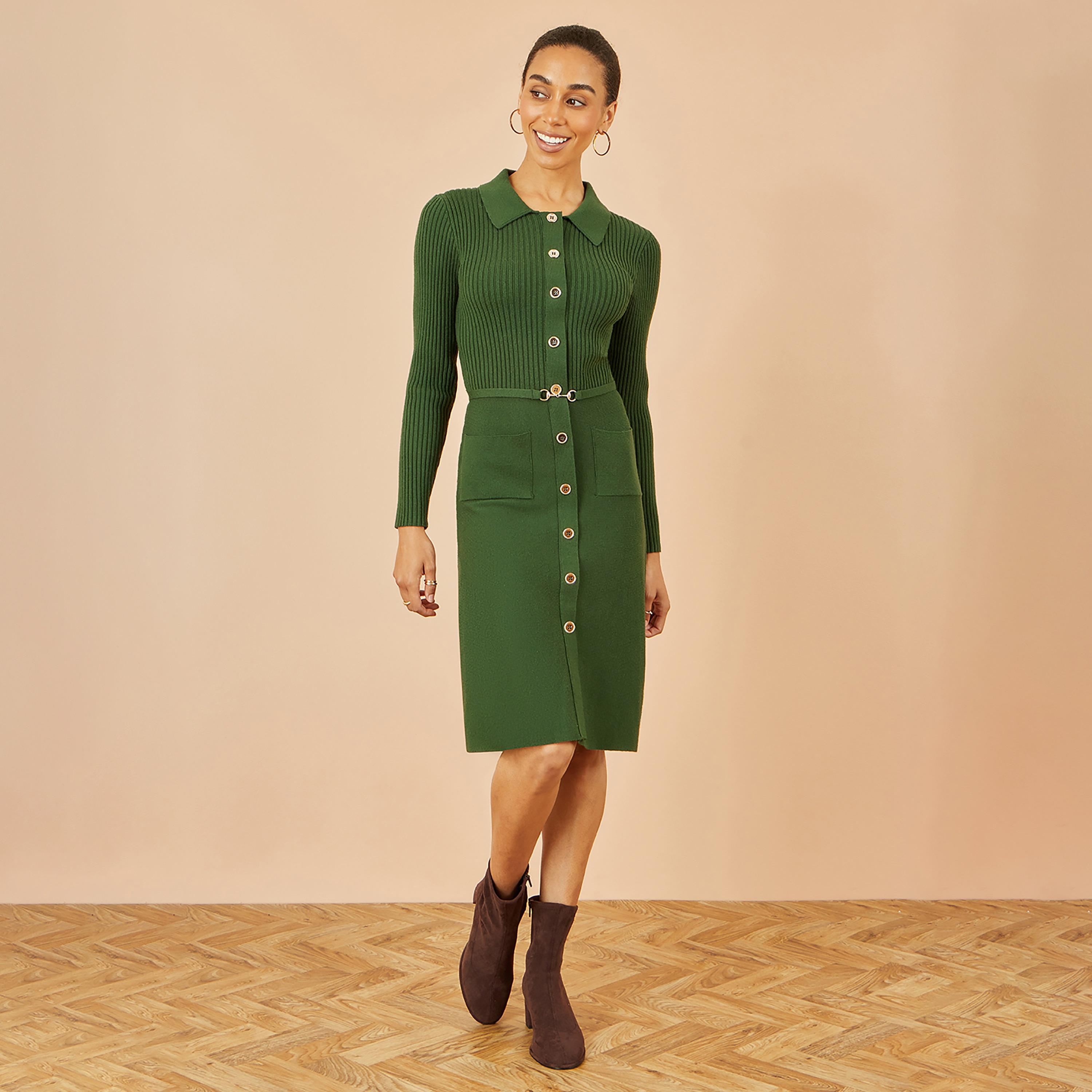 Yumi Green Ribbed Knit Collared Shirt Style Jumper Women's Knee-Length Dress-women-clothing-dresses-image-4