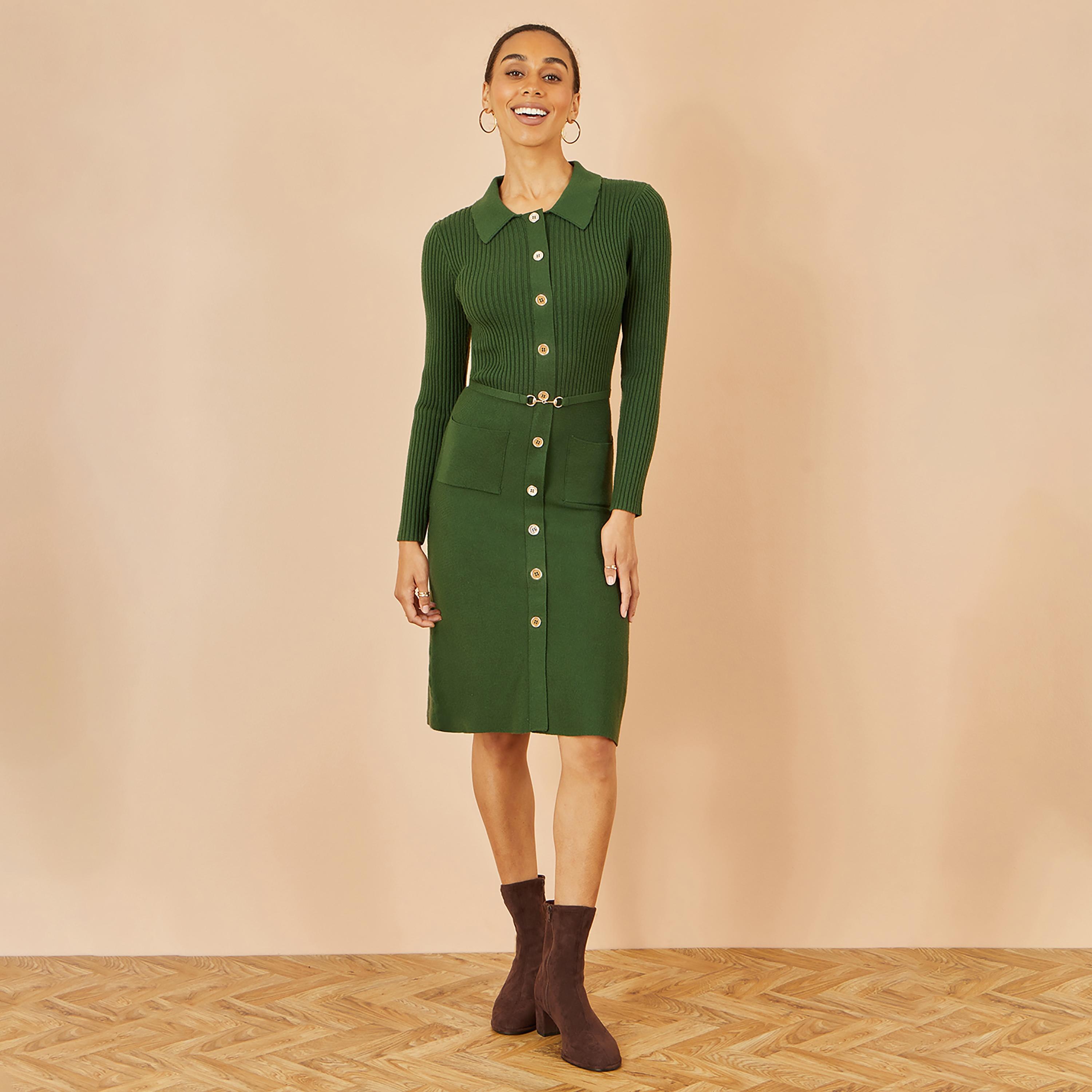 Yumi Green Ribbed Knit Collared Shirt Style Jumper Women's Knee-Length Dress-women-clothing-dresses-image-6