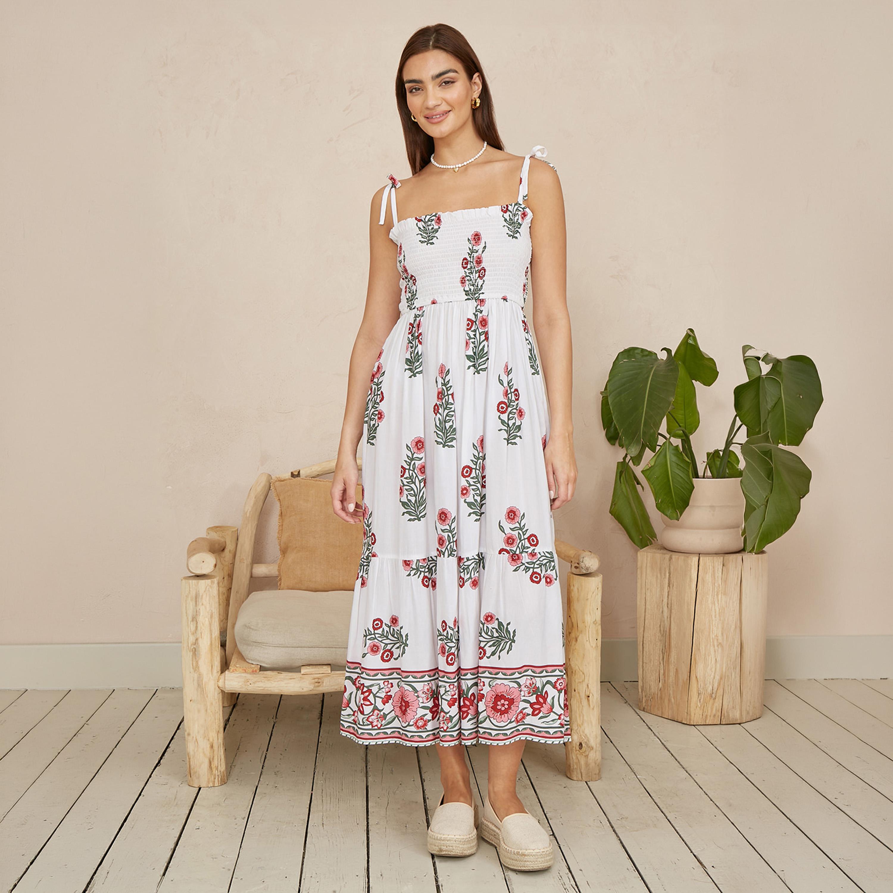 Yumi White Smocked & Floral Modal Tie-Shoulder Straps Tiered Women's Midi Dress-women-clothing-dresses-image-1