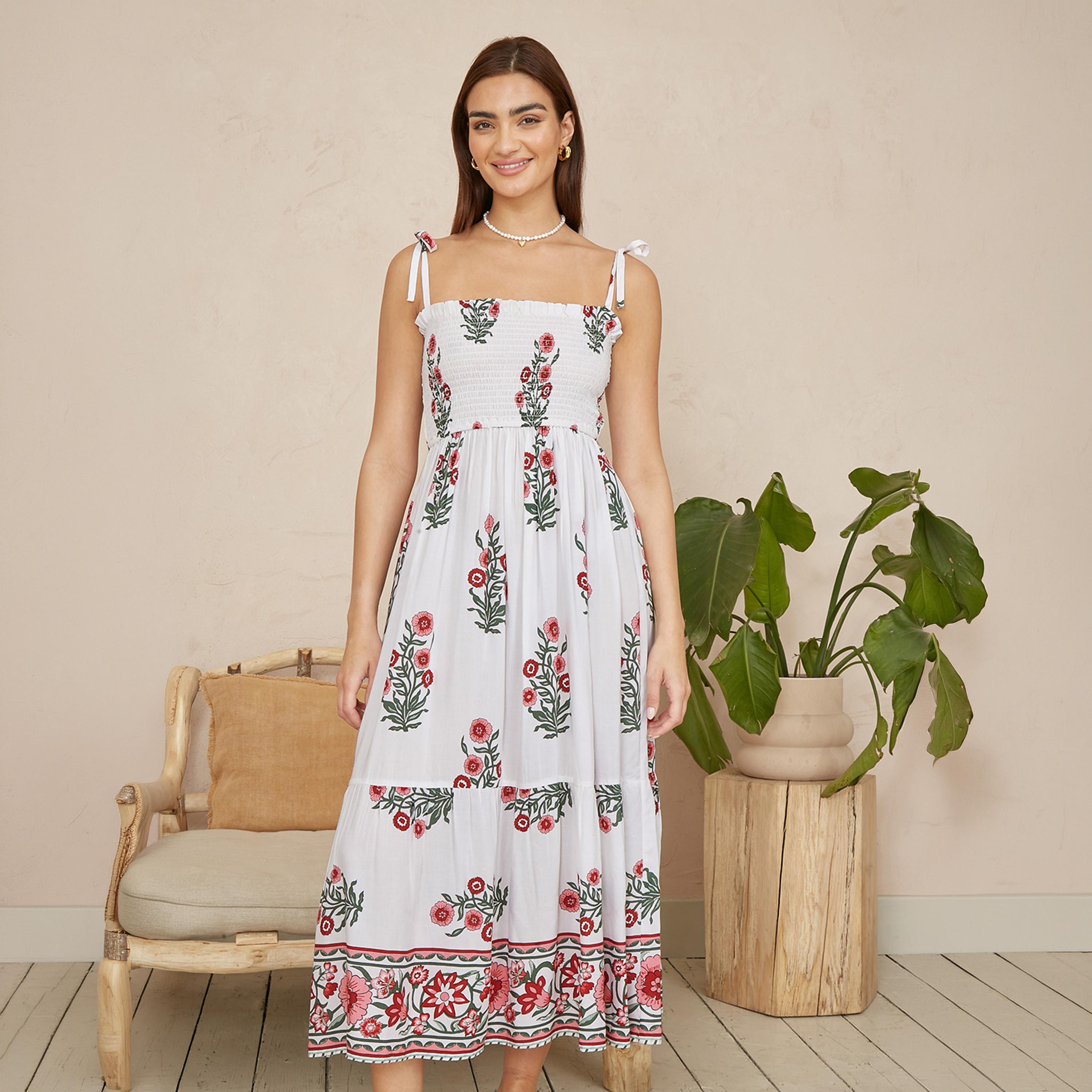 Yumi White Smocked & Floral Modal Tie-Shoulder Straps Tiered Women's Midi Dress-women-clothing-dresses-image-2