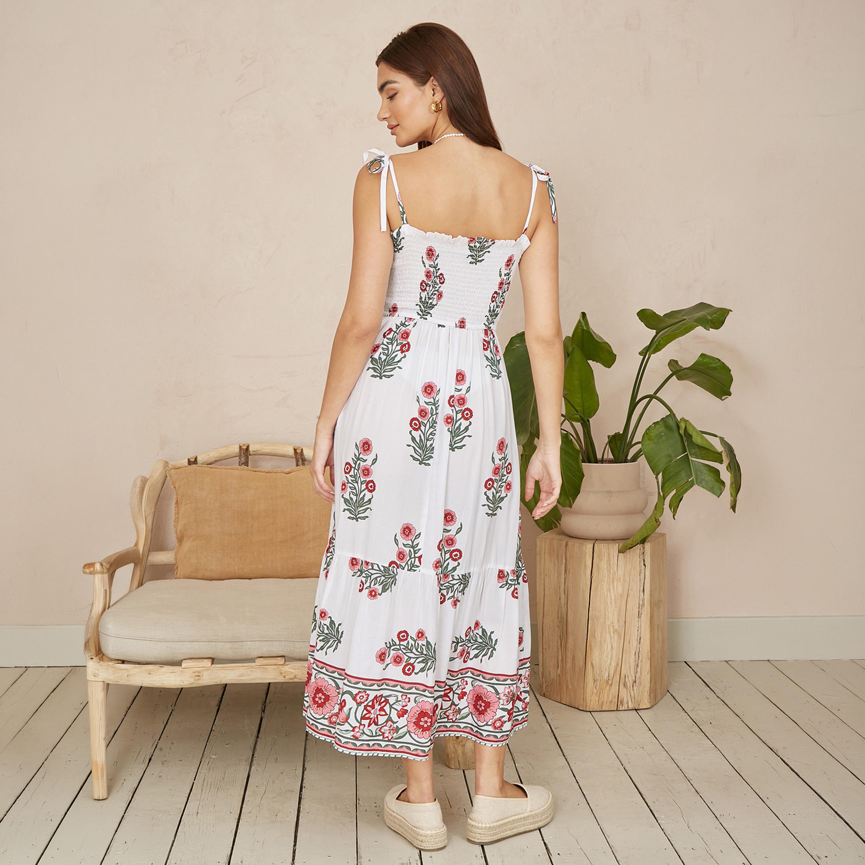Yumi White Smocked & Floral Modal Tie-Shoulder Straps Tiered Women's Midi Dress-women-clothing-dresses-image-3