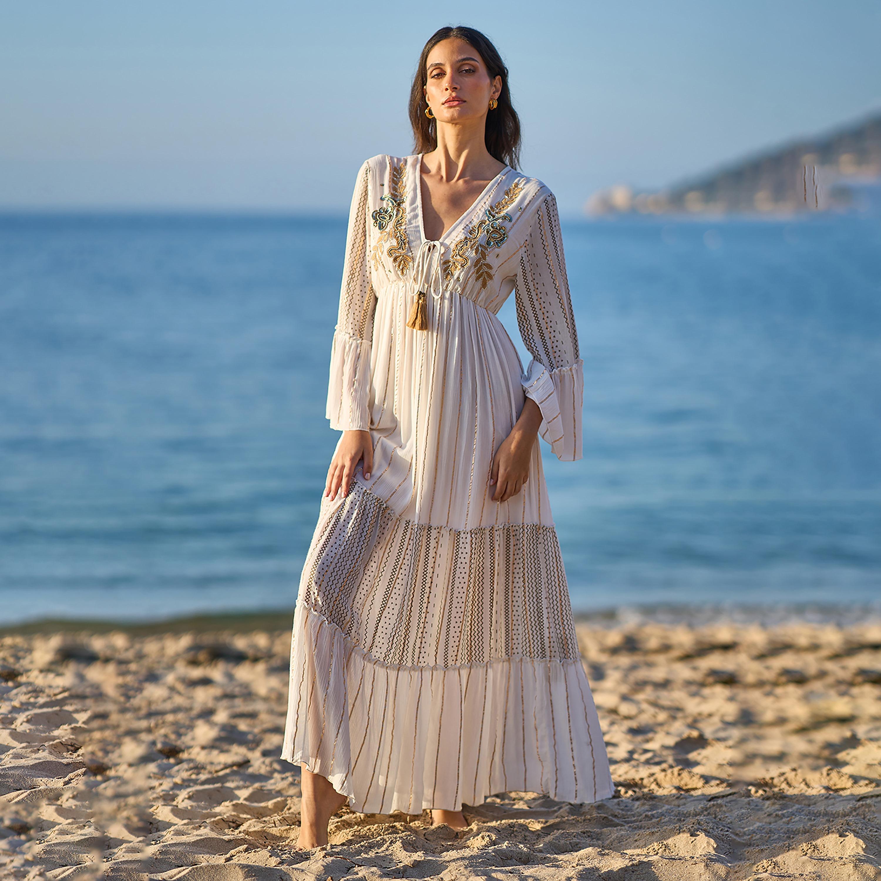 Yumi White Embroidered Bell Sleeves Tiered Women's Maxi Dress-women-clothing-dresses-image-1