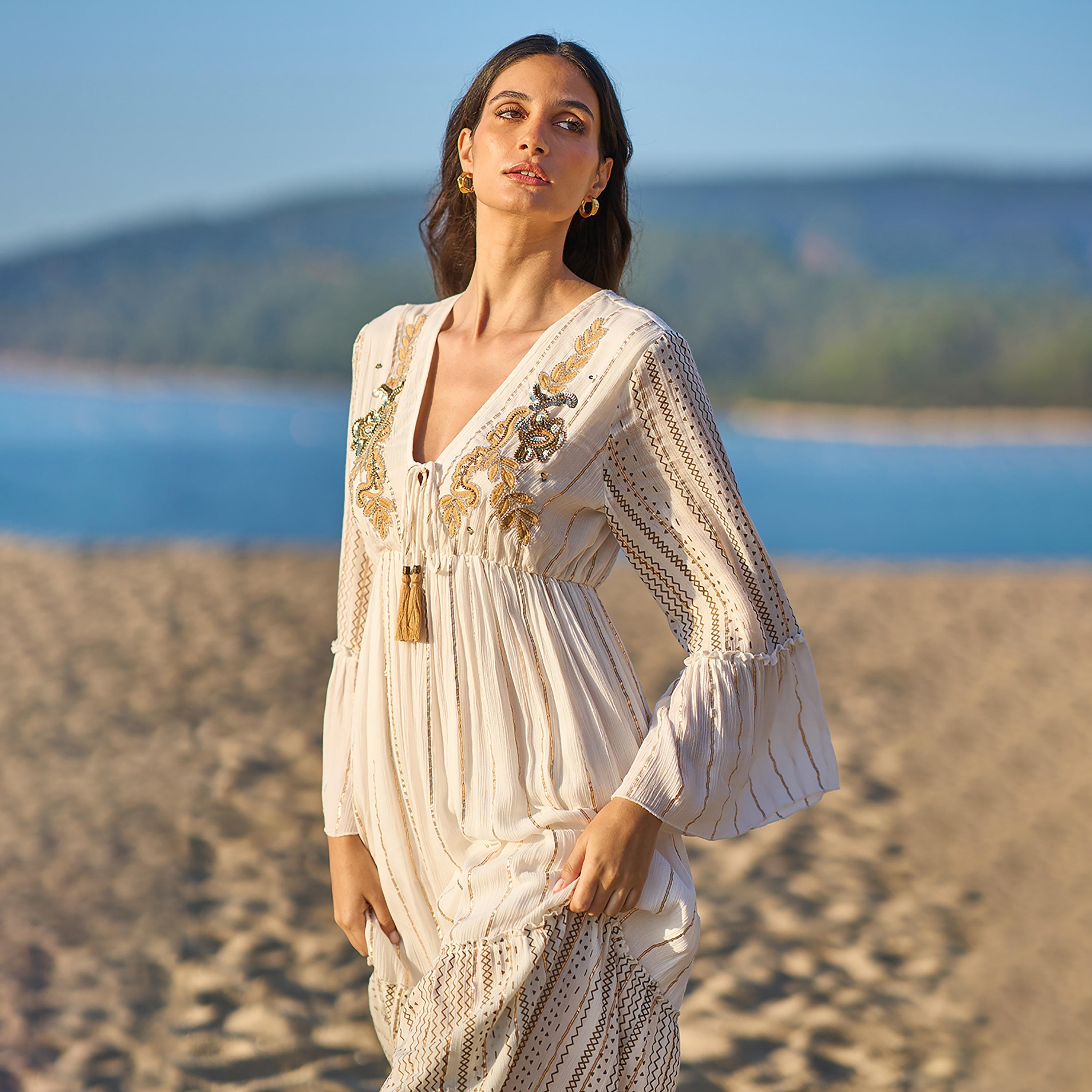 Yumi White Embroidered Bell Sleeves Tiered Women's Maxi Dress-women-clothing-dresses-image-2