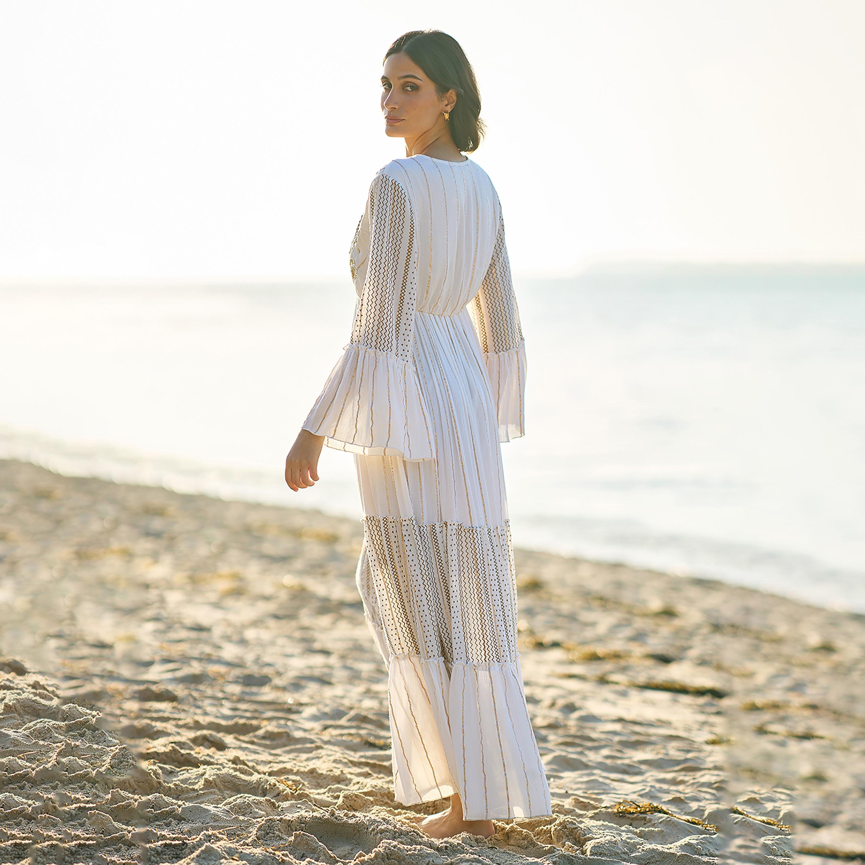 فستان ماكسي "تيرد" بأكمام "بيل" جرس وتطريز أبيض من يومي-women-clothing-dresses-image-3