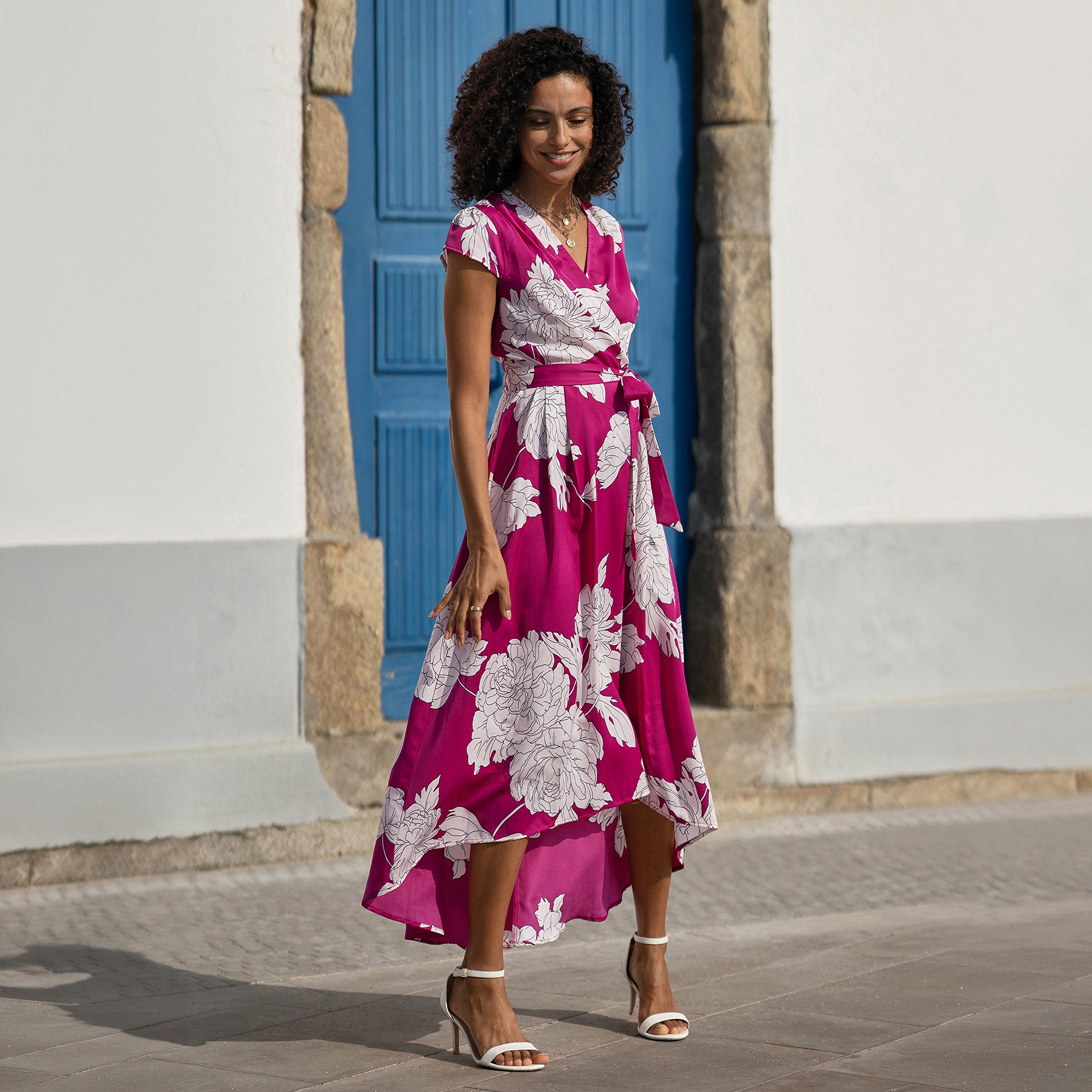Yumi Pink Floral Print Surplice Neck Cap Sleeves Wrap Women's Midi Dress-women-clothing-dresses-image-1