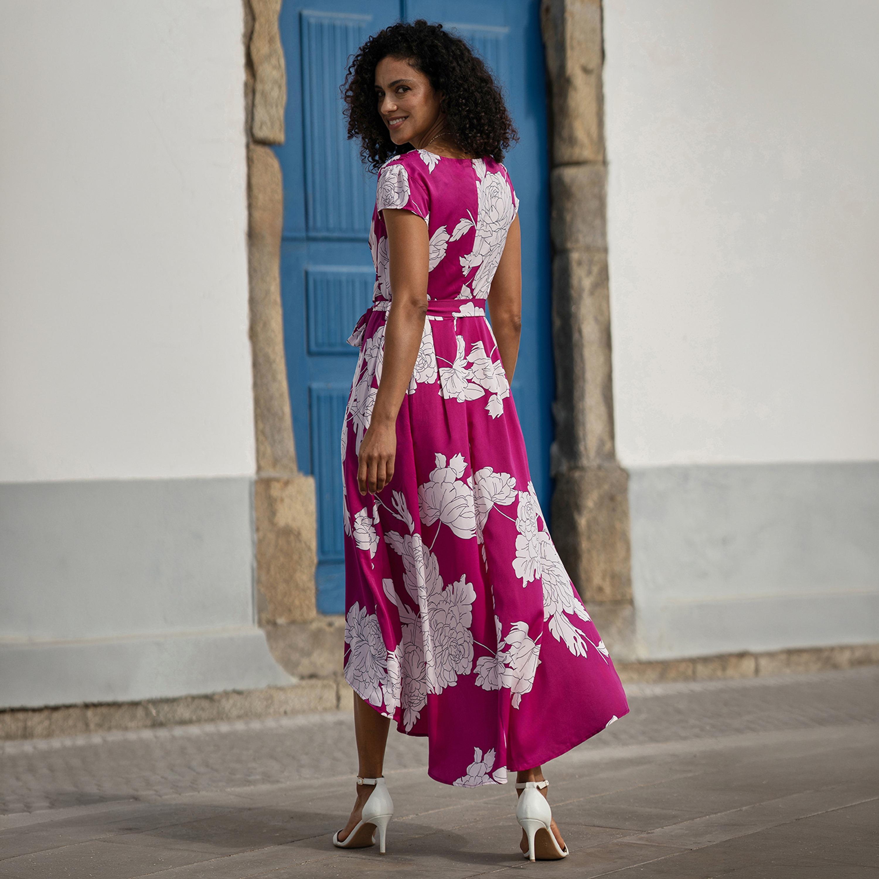 Yumi Pink Floral Print Surplice Neck Cap Sleeves Wrap Women's Midi Dress-women-clothing-dresses-image-3