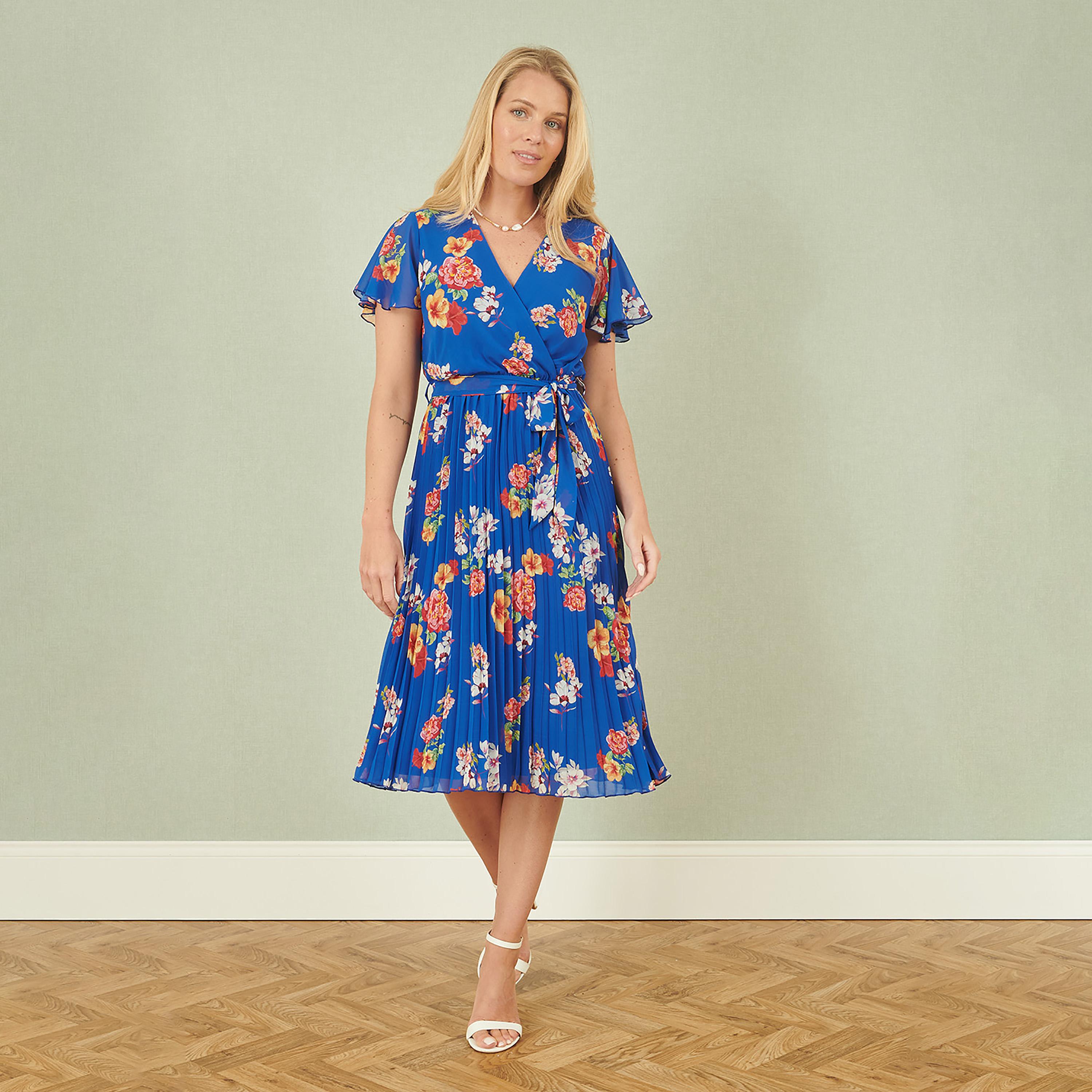 Yumi Blue Floral Print Surplice Neck Flutter Sleeves Pleated Women's Knee-Length Dress-women-clothing-dresses-image-1