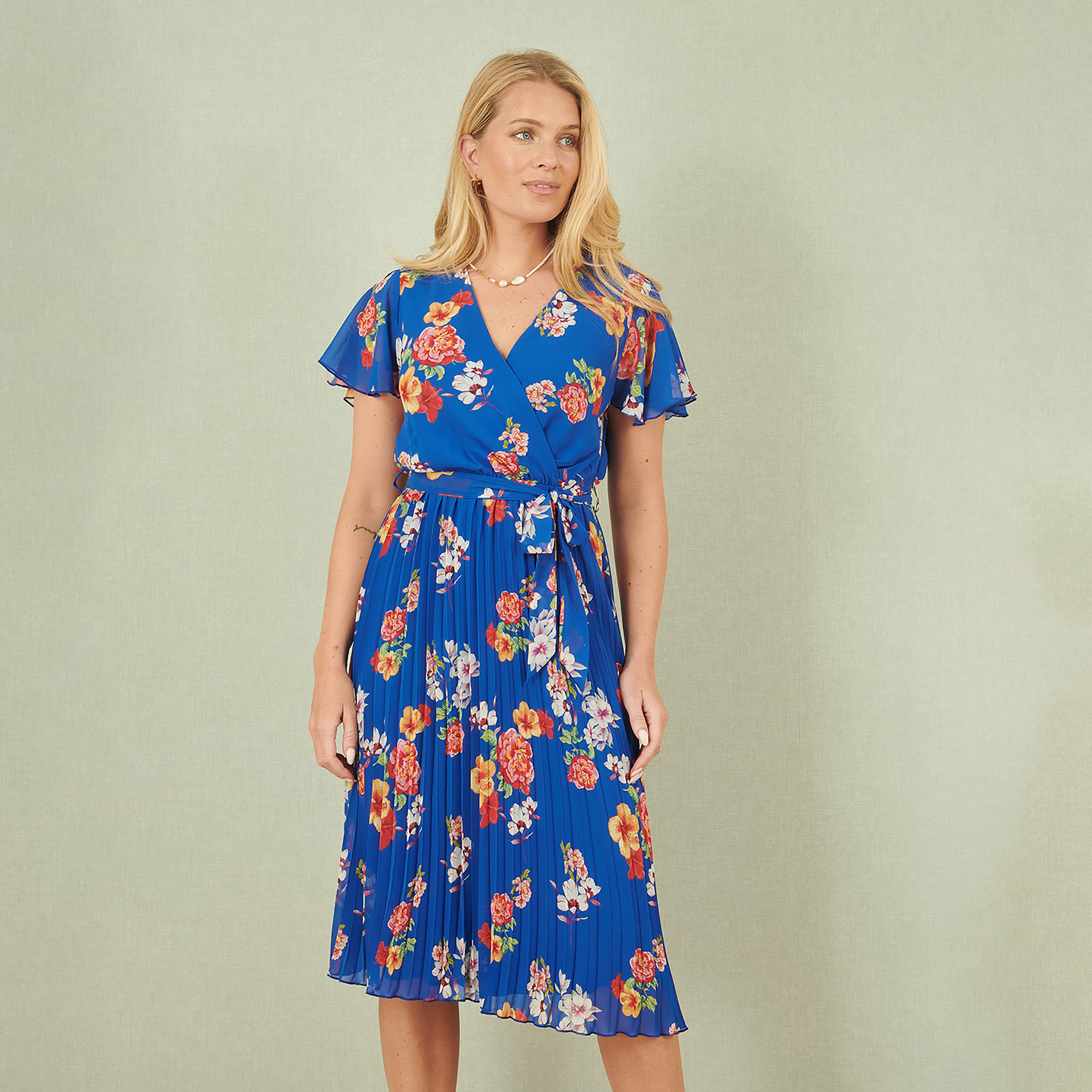 Yumi Blue Floral Print Surplice Neck Flutter Sleeves Pleated Women's Knee-Length Dress-women-clothing-dresses-image-2