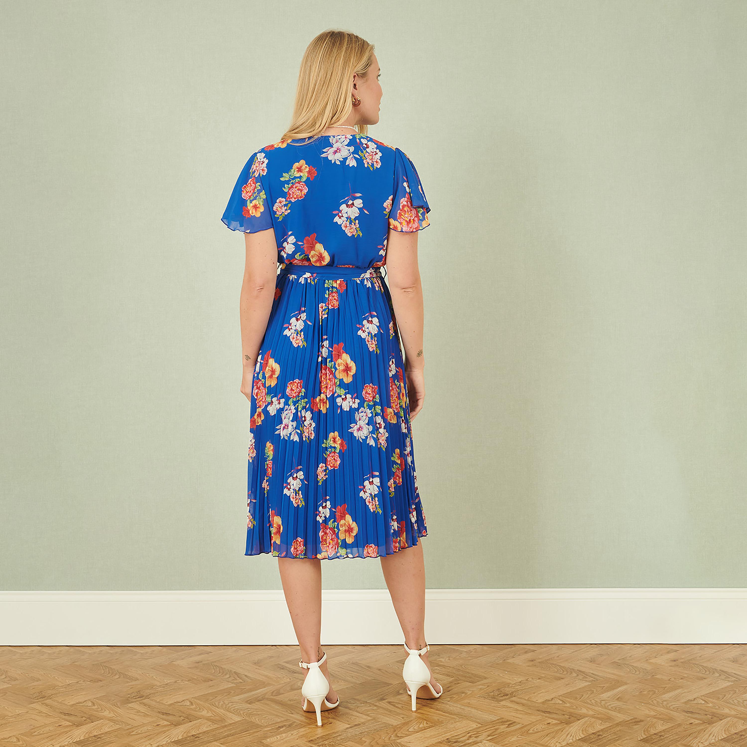 Yumi Blue Floral Print Surplice Neck Flutter Sleeves Pleated Women's Knee-Length Dress-women-clothing-dresses-image-3