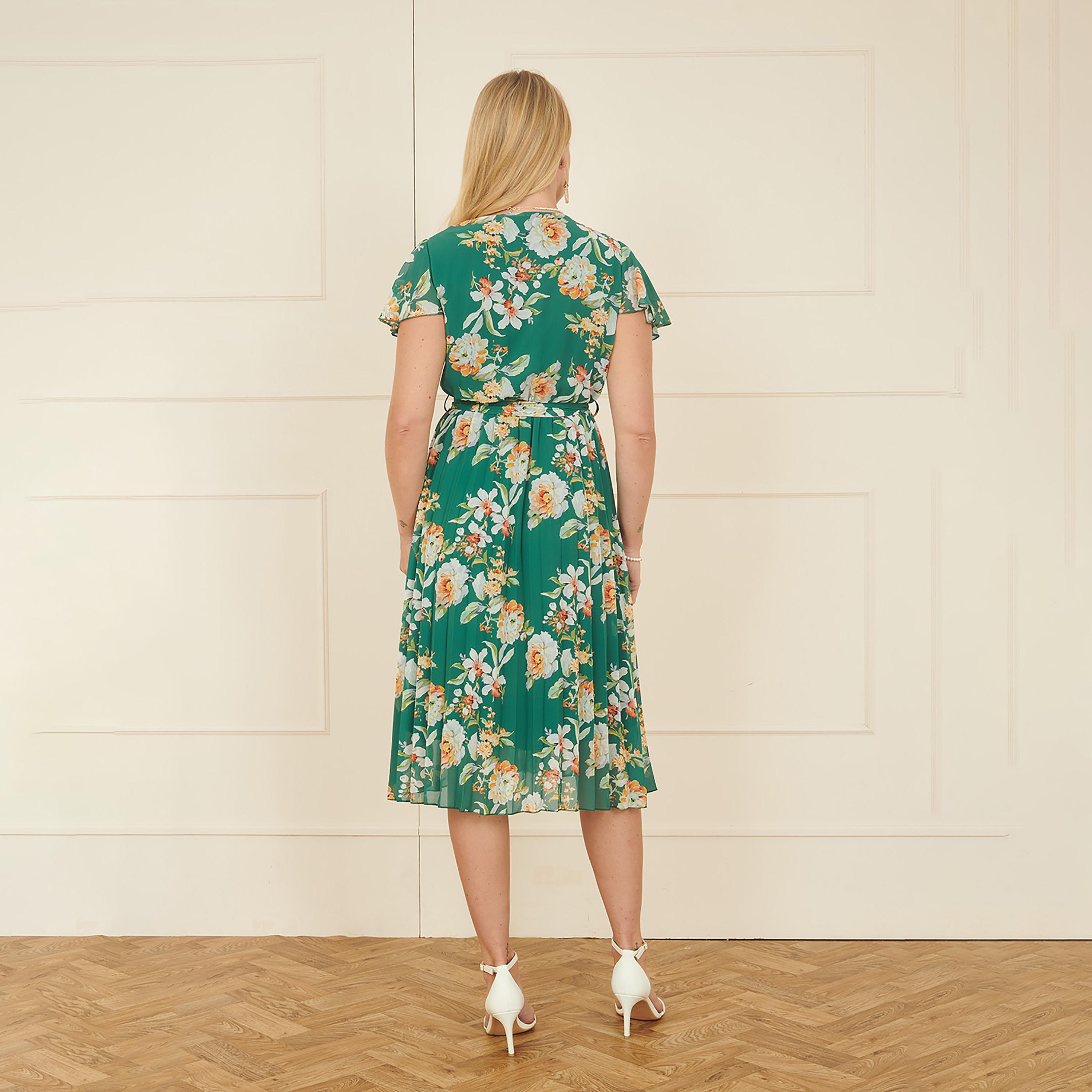 Yumi Green Floral Print Surplice Neck Flutter Sleeves Wrap Women's Midi Dress-women-clothing-dresses-image-3