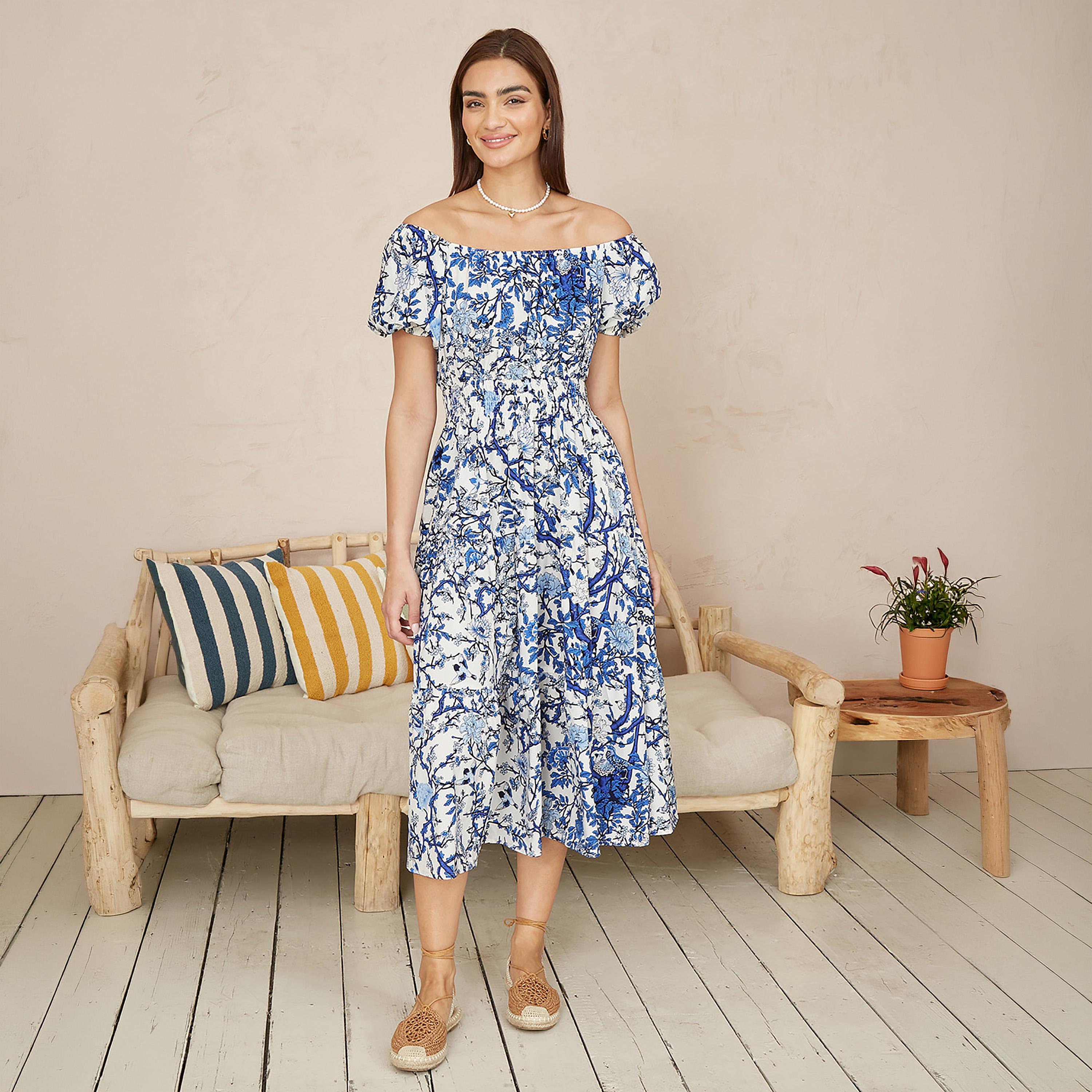 Yumi Blue Botanical Print Bardot Neck Puff Sleeves Fit & Flared Women's Midi Dress-women-clothing-dresses-image-1