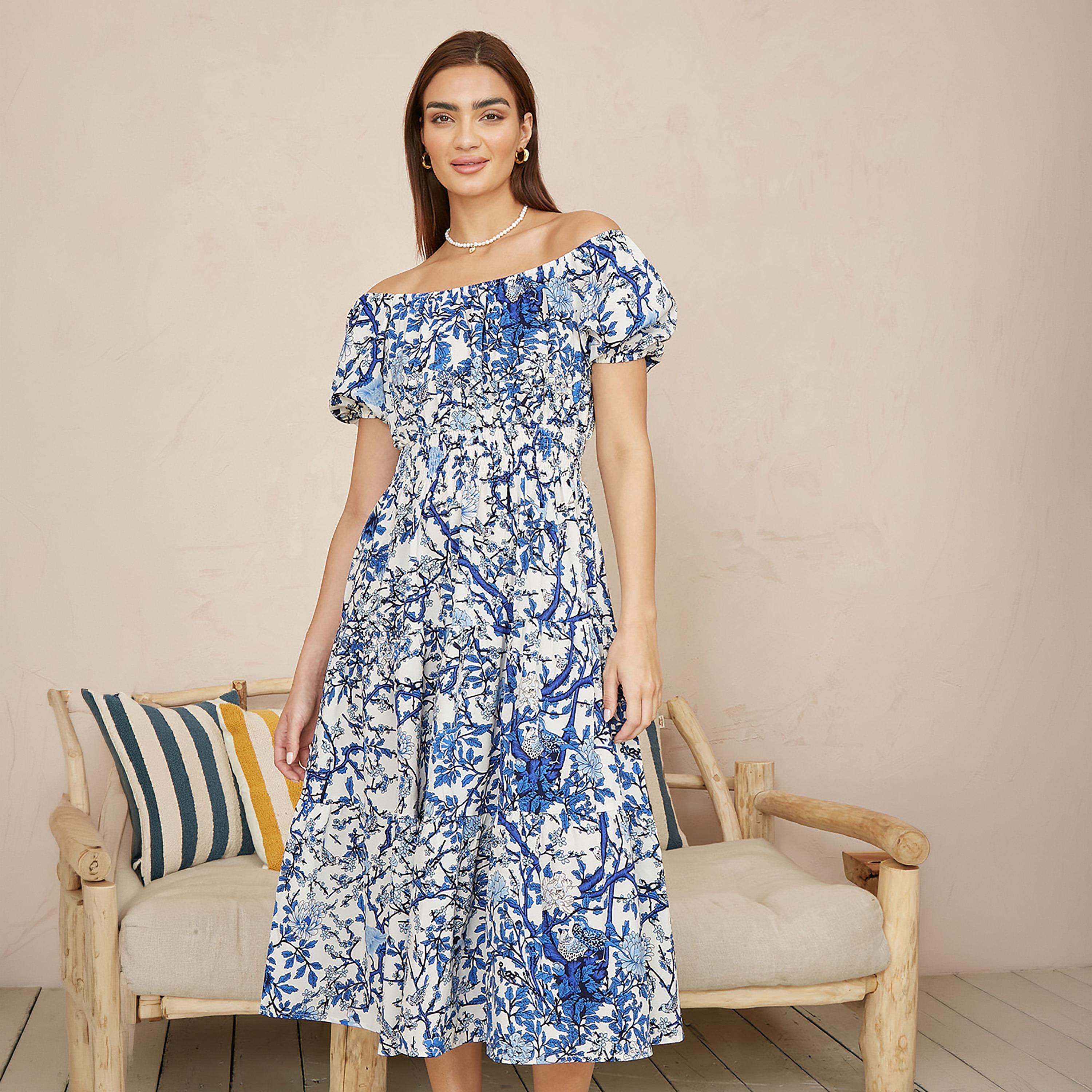 Yumi Blue Botanical Print Bardot Neck Puff Sleeves Fit & Flared Women's Midi Dress-women-clothing-dresses-image-2