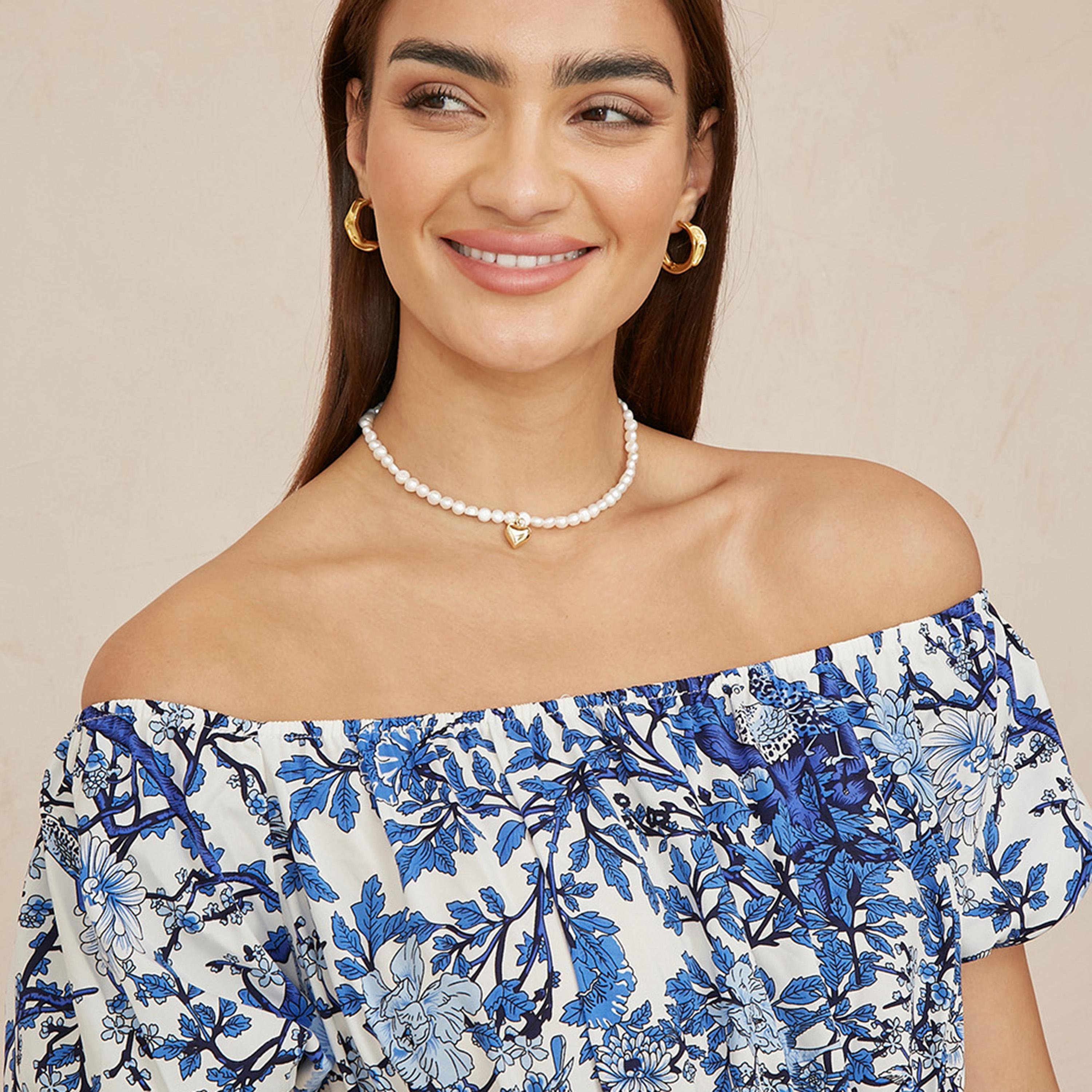 Yumi Blue Botanical Print Bardot Neck Puff Sleeves Fit & Flared Women's Midi Dress-women-clothing-dresses-image-3