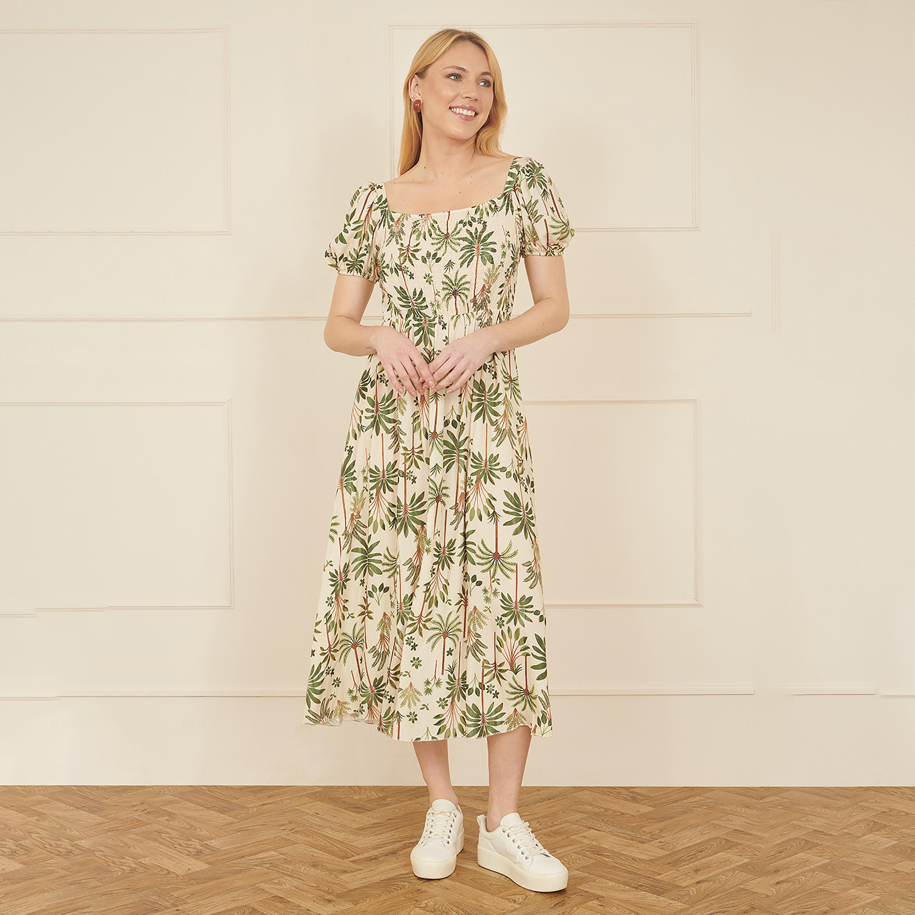 فستان ميدي قطني بأكمام "باف" وياقة مربعة وطبعة استوائية لون بيج من يومي-women-clothing-dresses-image-1
