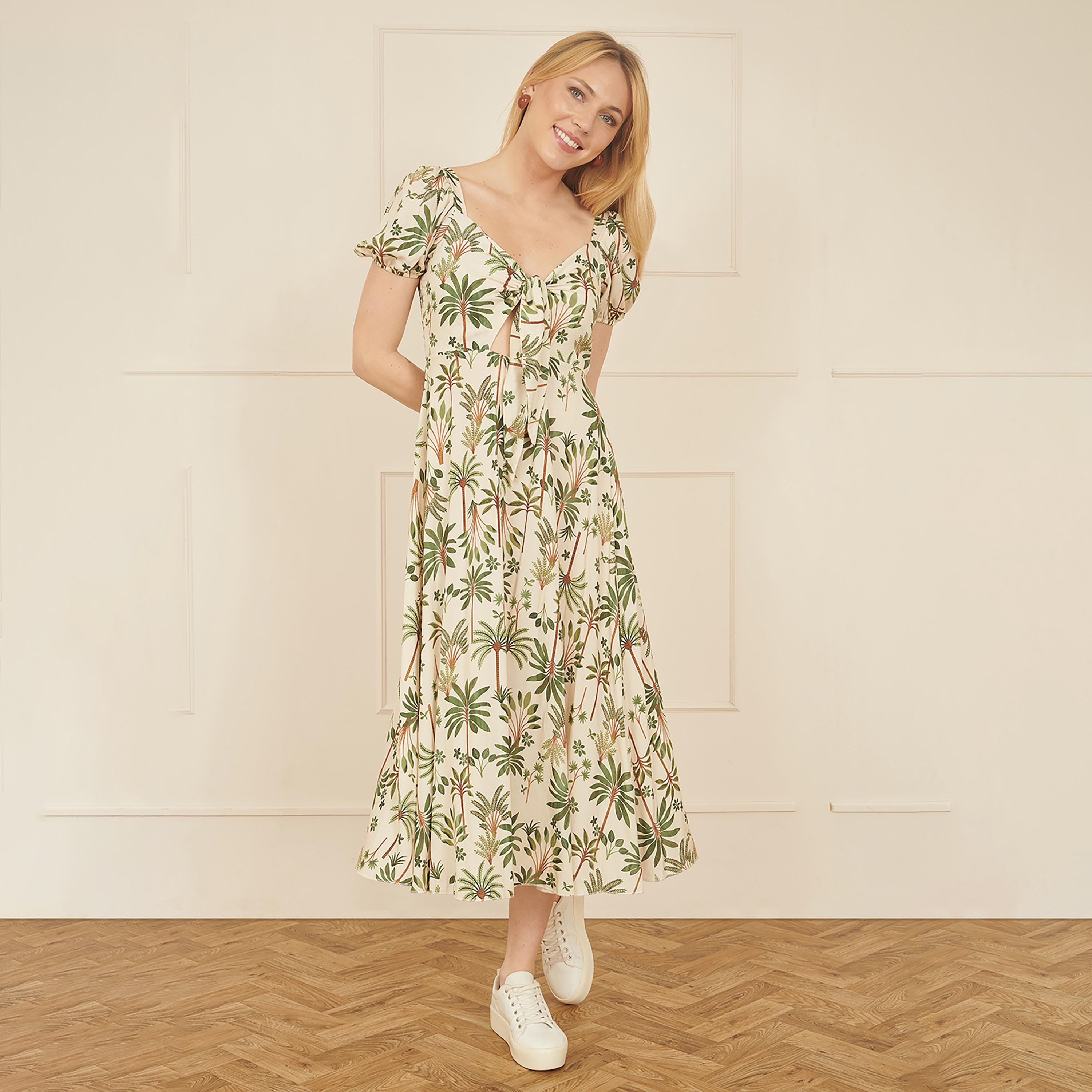 فستان ميدي قطني بأكمام "باف" وياقة مربعة وطبعة استوائية لون بيج من يومي-women-clothing-dresses-image-2
