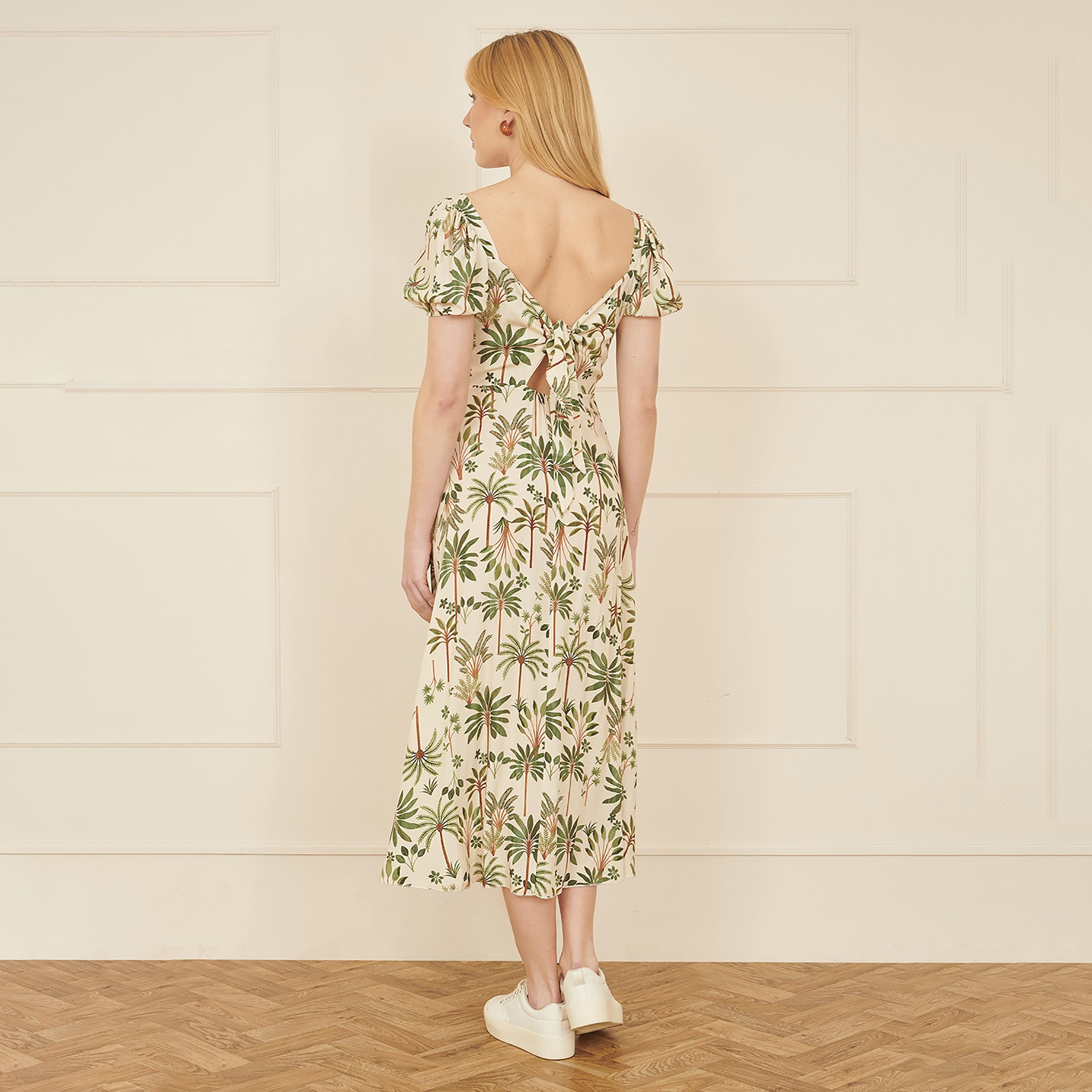 فستان ميدي قطني بأكمام "باف" وياقة مربعة وطبعة استوائية لون بيج من يومي-women-clothing-dresses-image-3