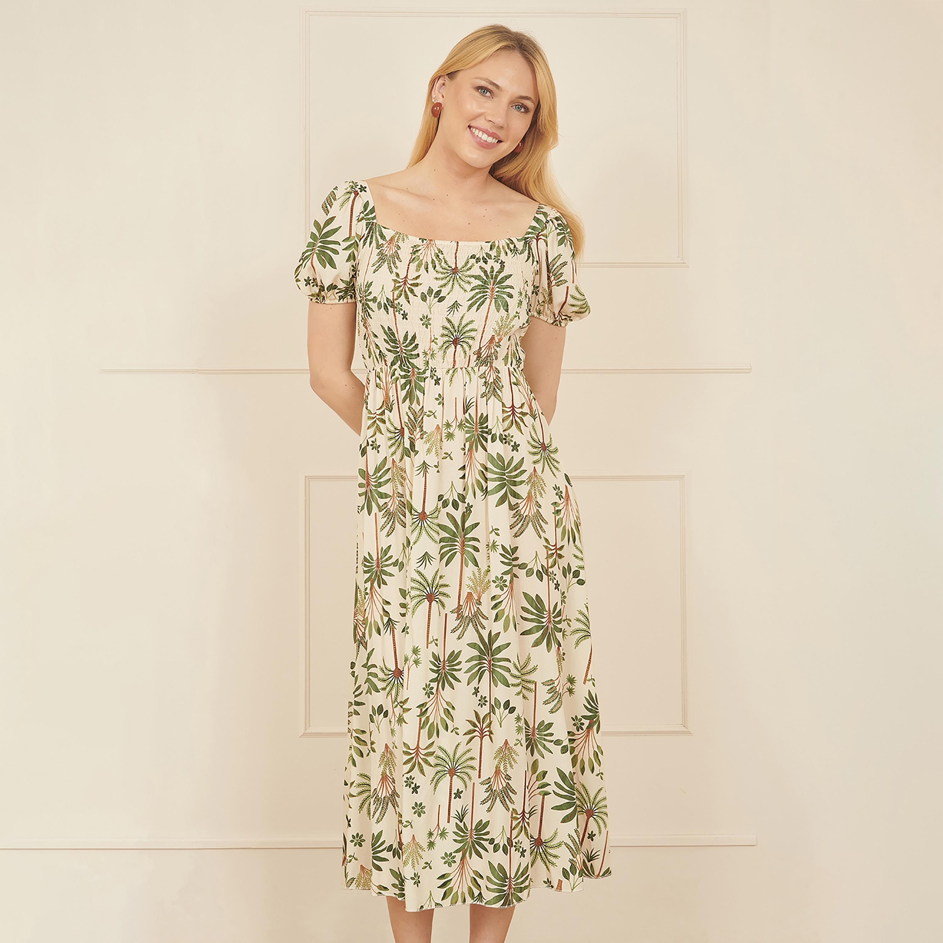 فستان ميدي قطني بأكمام "باف" وياقة مربعة وطبعة استوائية لون بيج من يومي-women-clothing-dresses-image-4