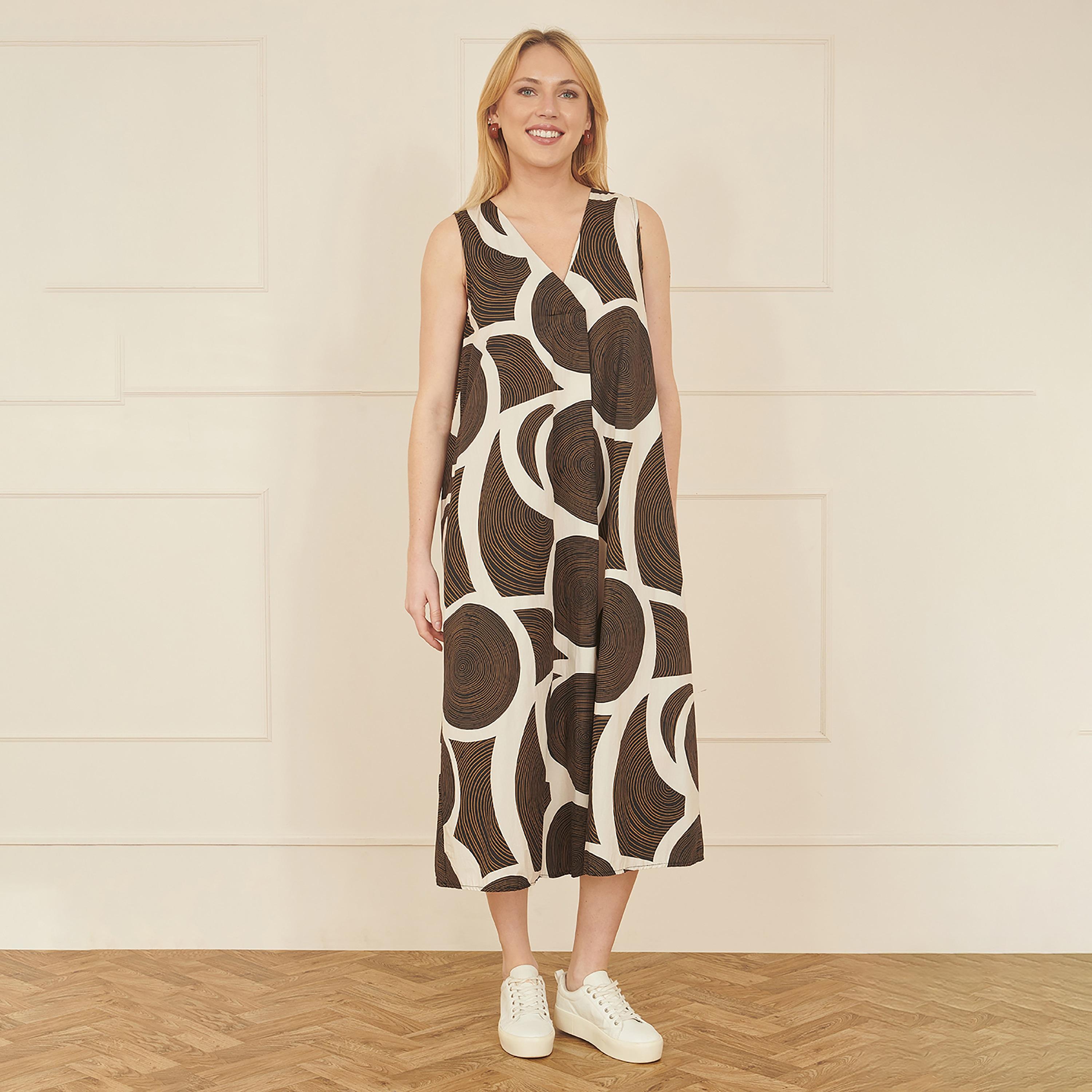 فستان ميدي قطني بطبعة دوائر لون بني من يومي-women-clothing-dresses-image-1