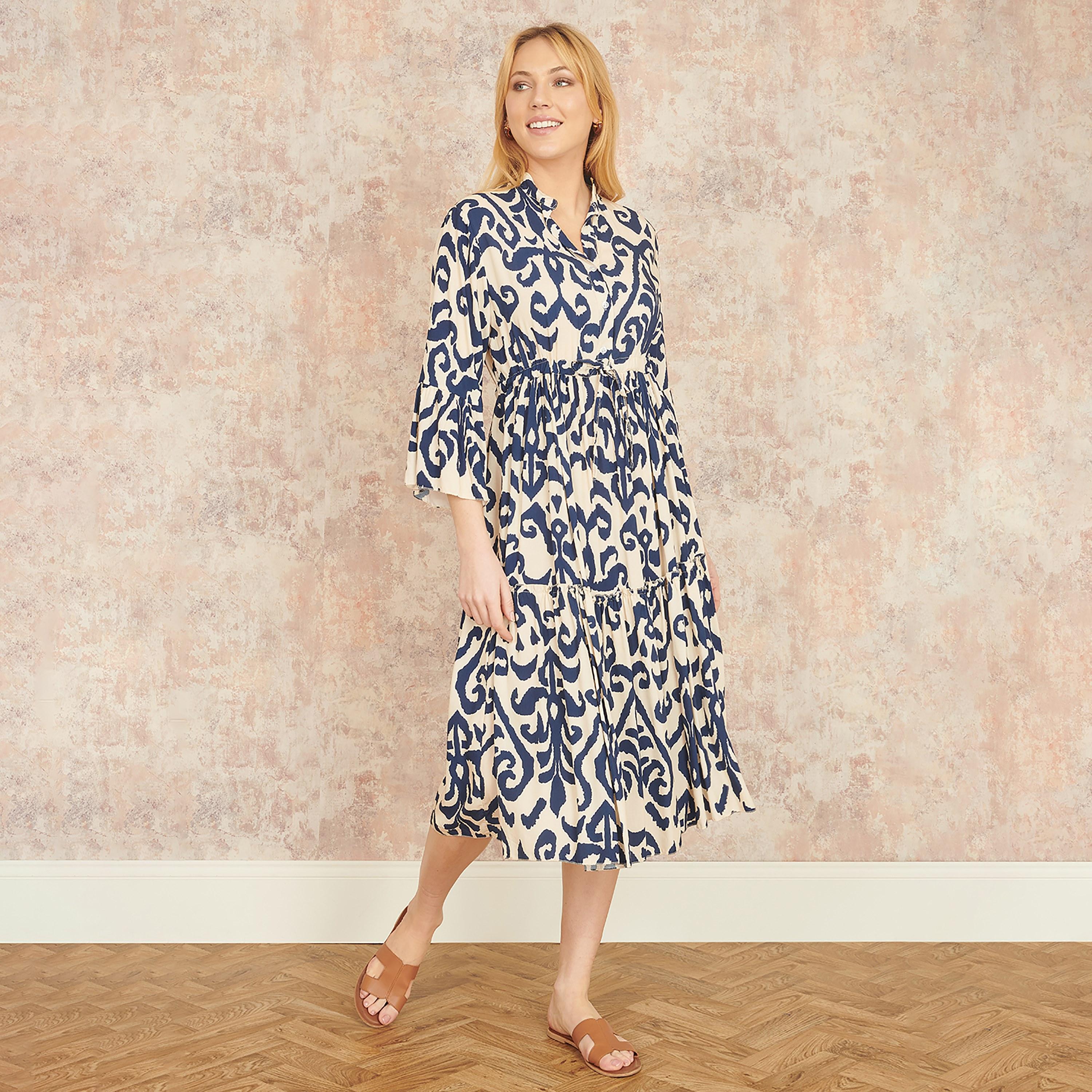 Yumi Multicolour Printed Mandarin Collar Bell Sleeves Tiered Women's Midi Dress-women-clothing-dresses-image-2